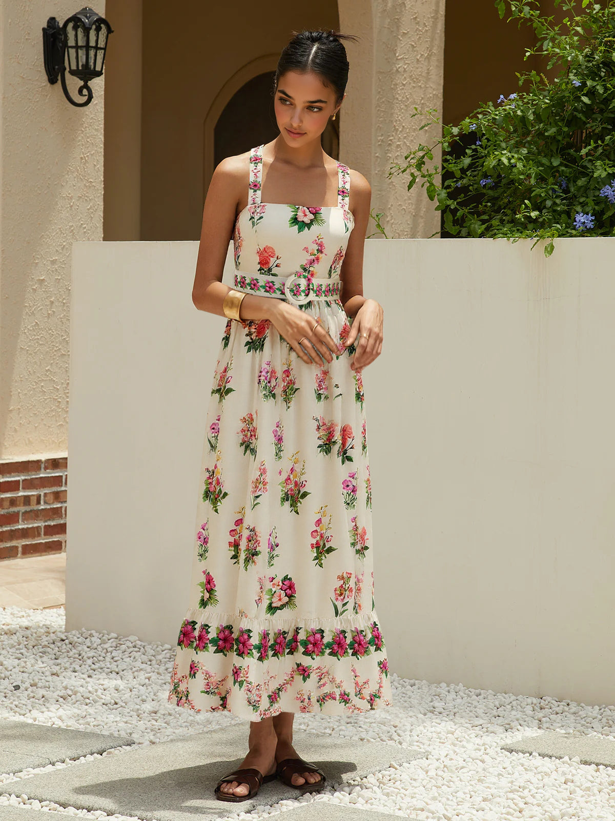 Robe midi ceinturée à imprimé floral