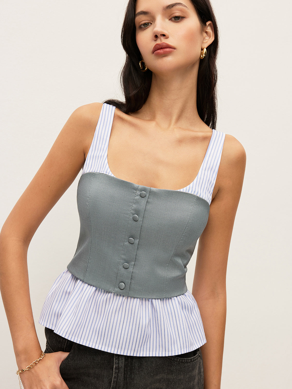Striped & Solid Peplum Buttoned Top