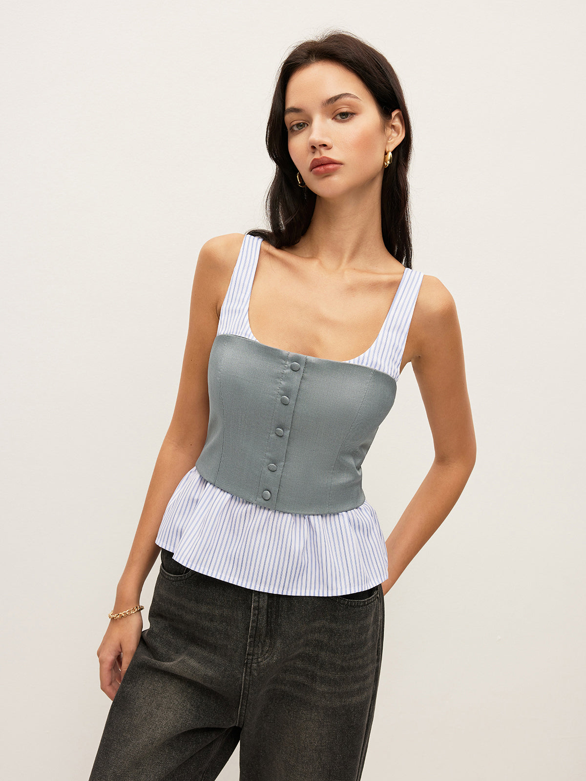 Striped & Solid Peplum Buttoned Top