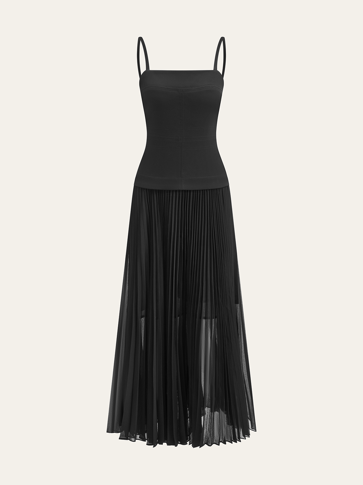 Robe longue plissée dos nu à fines bretelles