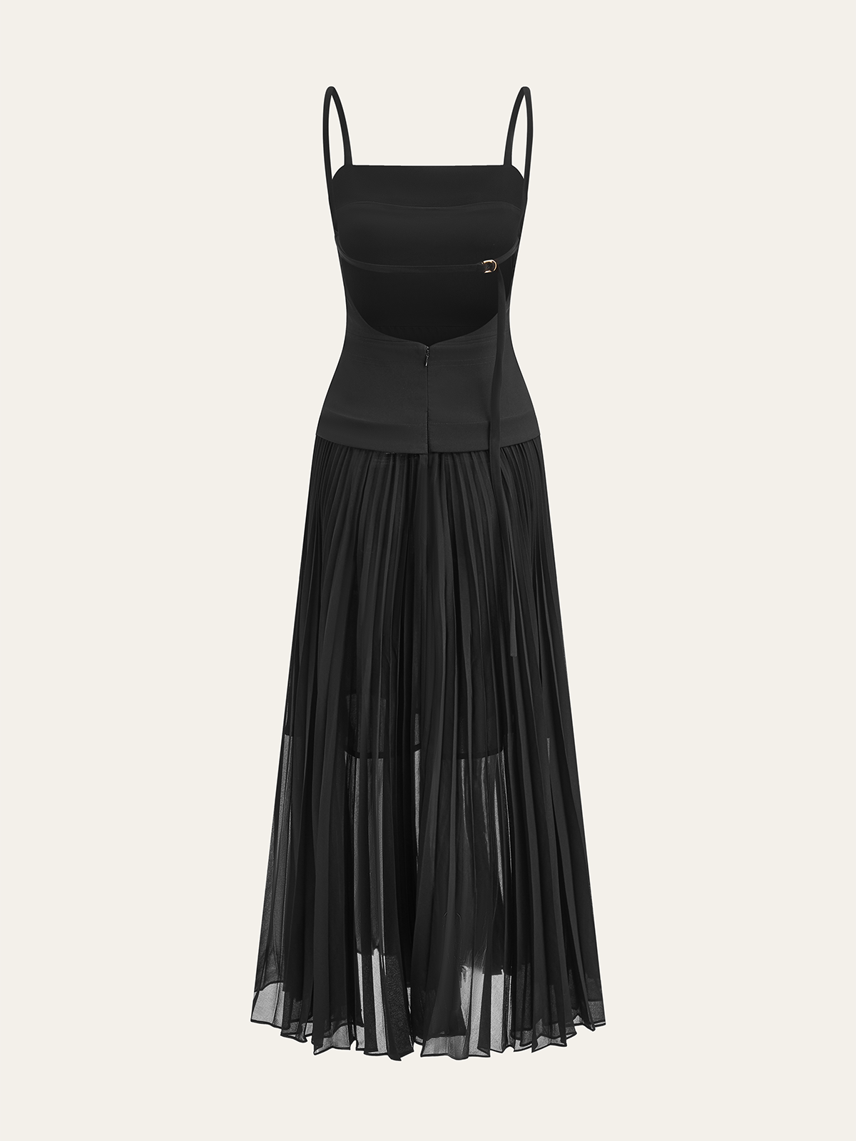 Robe longue plissée dos nu à fines bretelles