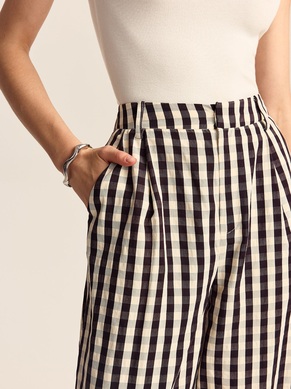 Gingham-Hose mit weitem Bein