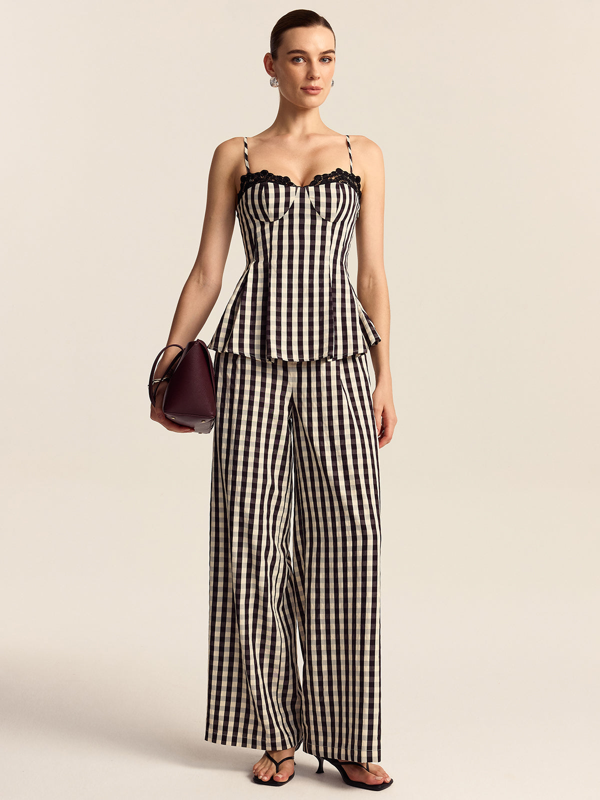 Gingham-Hose mit weitem Bein
