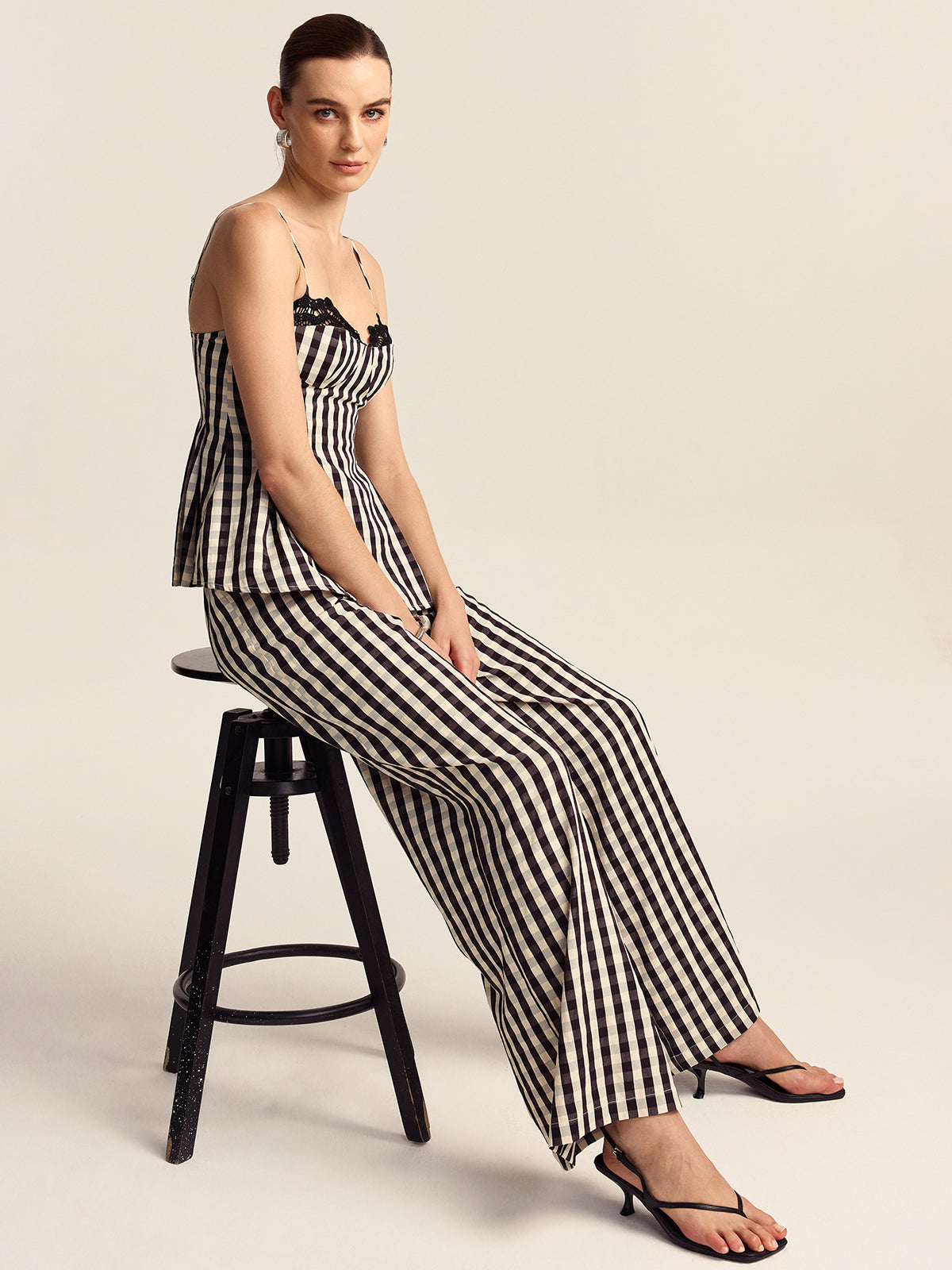 Gingham-Hose mit weitem Bein