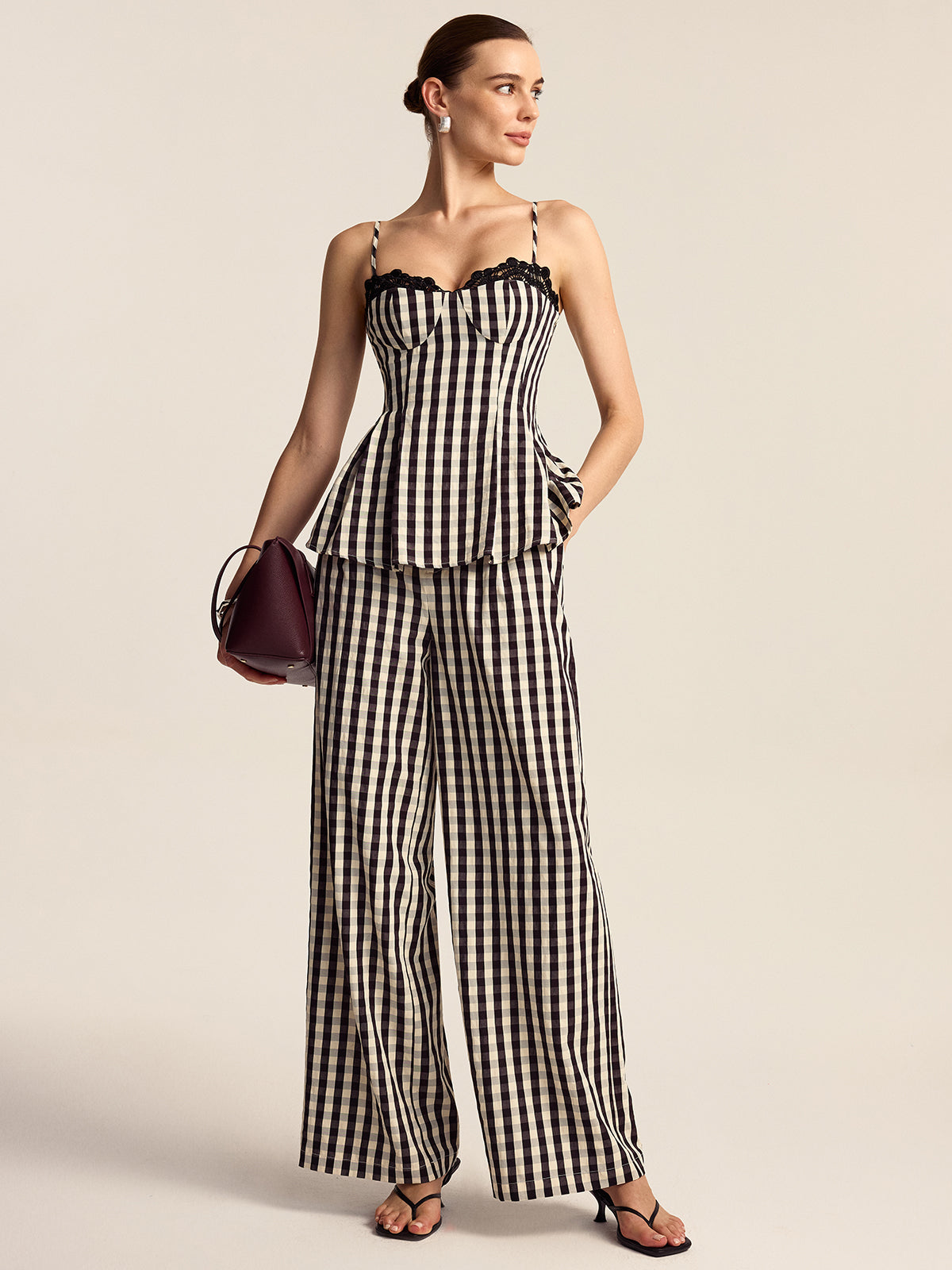 Gingham-Hose mit weitem Bein