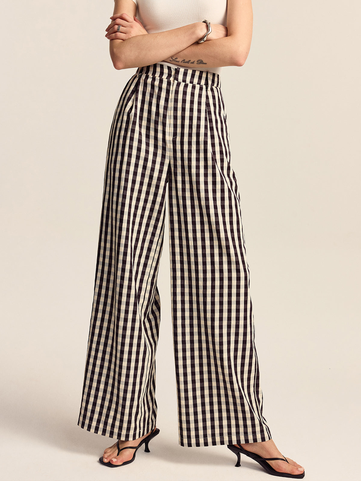 Gingham-Hose mit weitem Bein