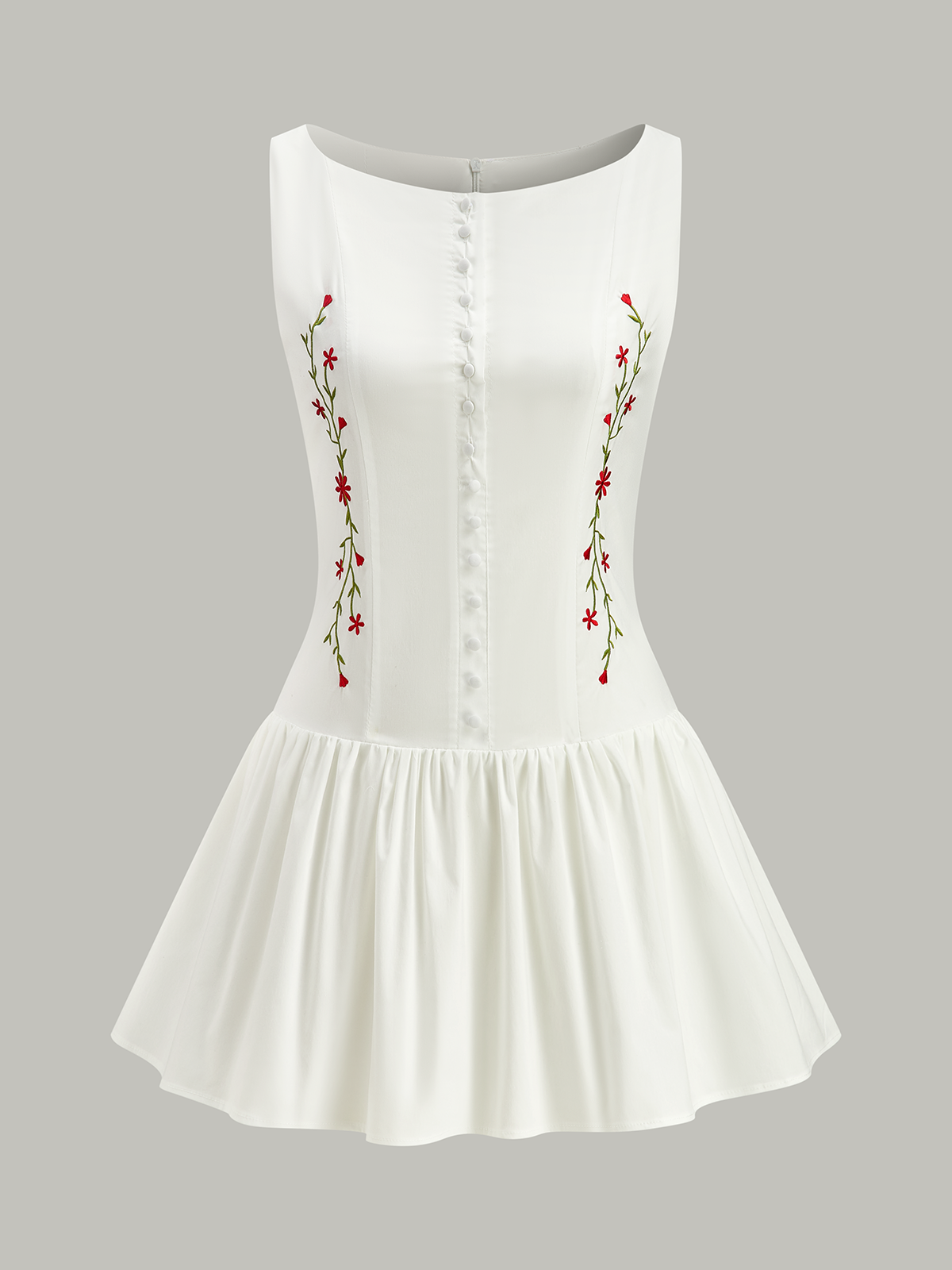 Besticktes geblümtes Minikleid mit Vorderknöpfen