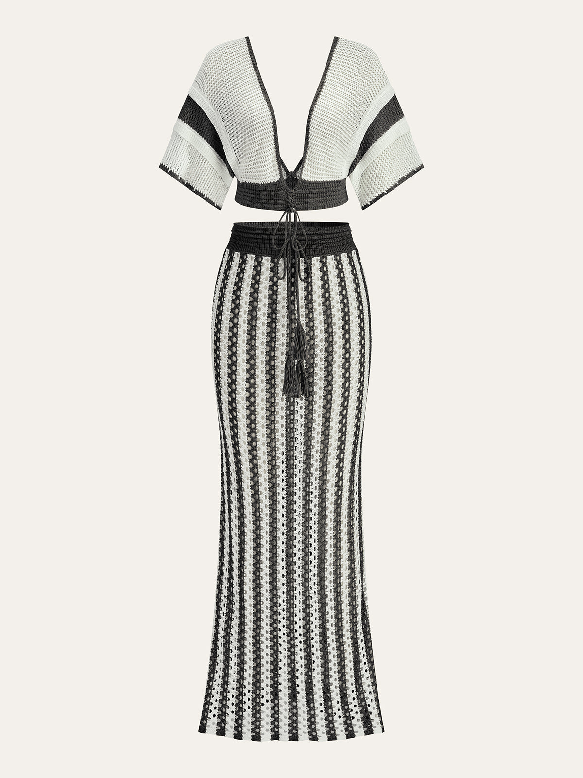 Ensemble jupe rayée au crochet avec taille à nouer à pompons