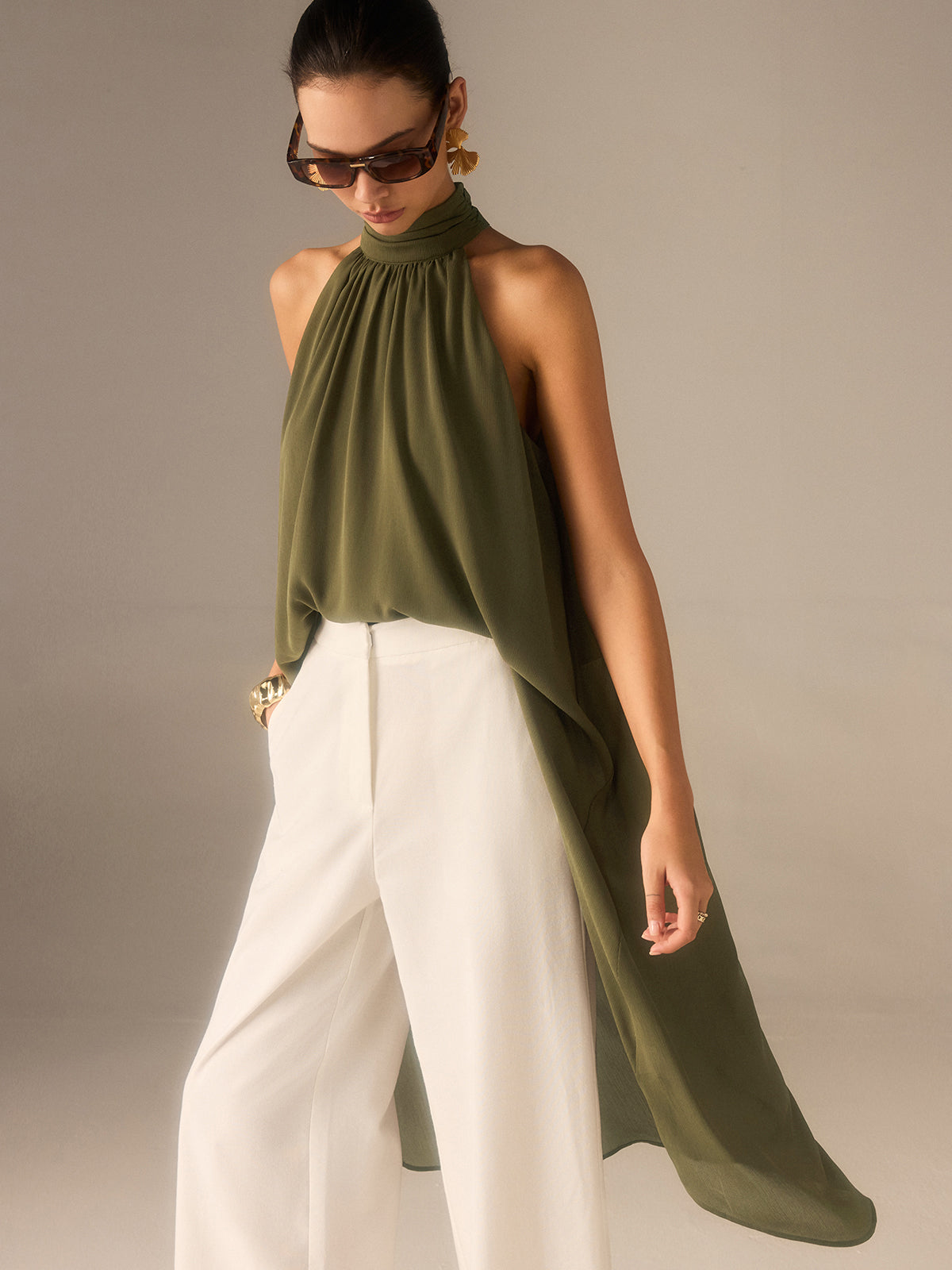 Semi-Sheer Halter-Neck Chiffon Long Top
