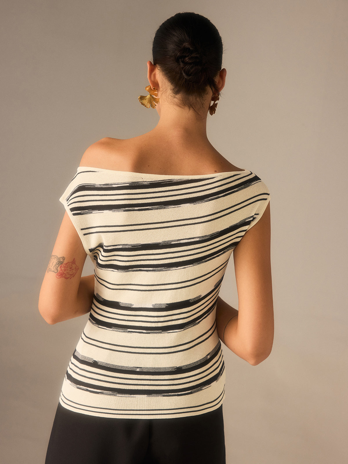 Asymmetric Off-Shoulder Striped Knit Top