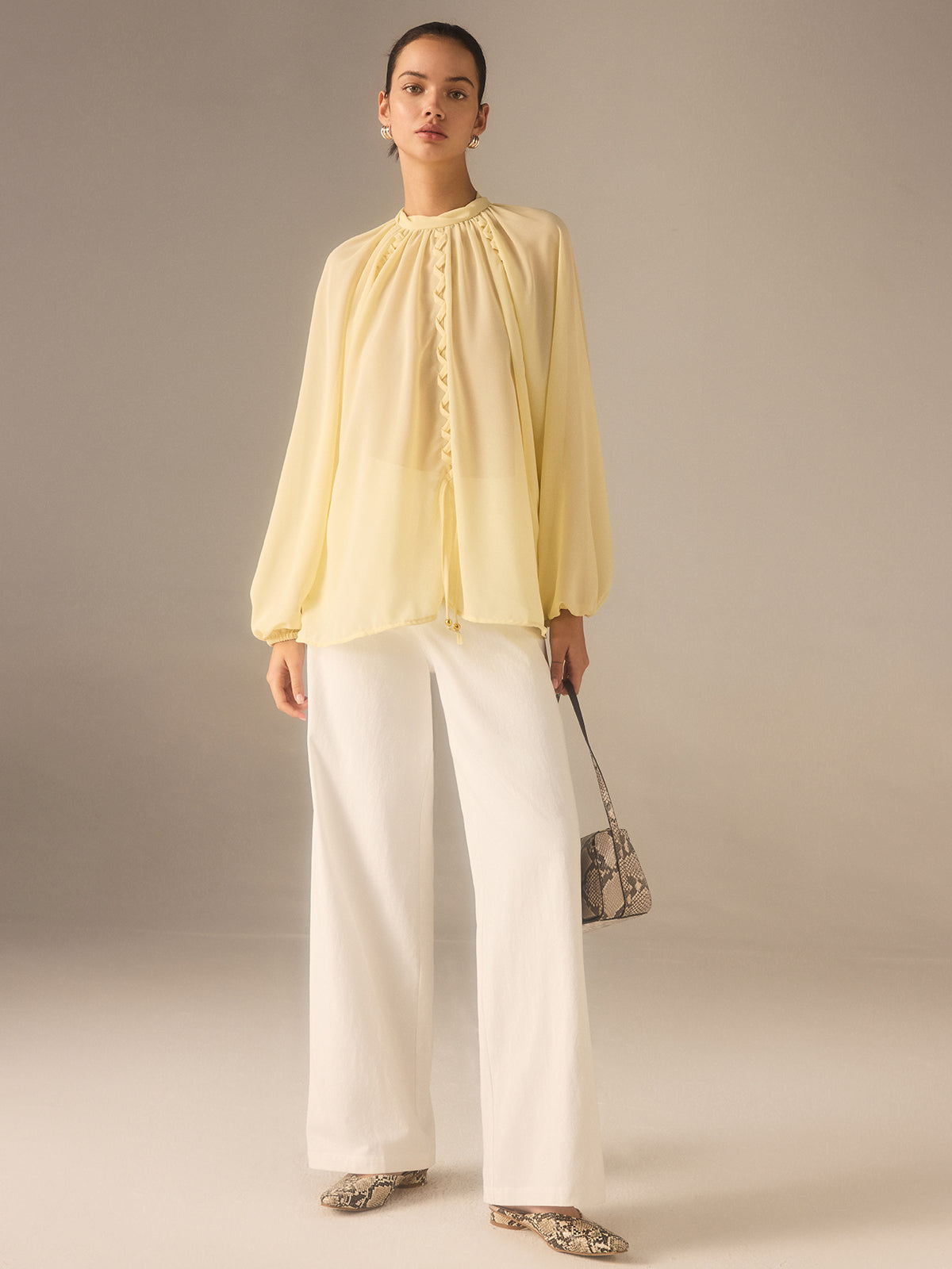 Semi-Sheer Chiffon Stand Collar Blouse with Braided Detail