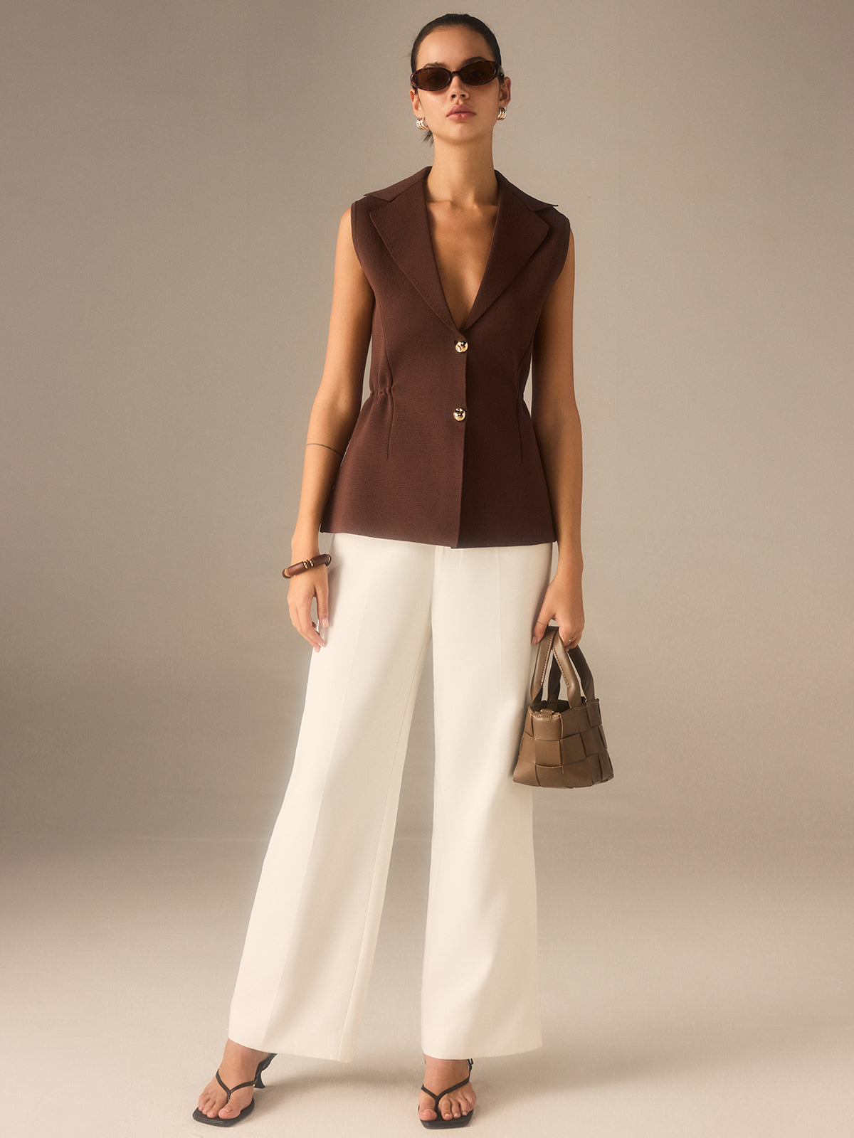 Metal Button Knitted Sleeveless Blazer Vest