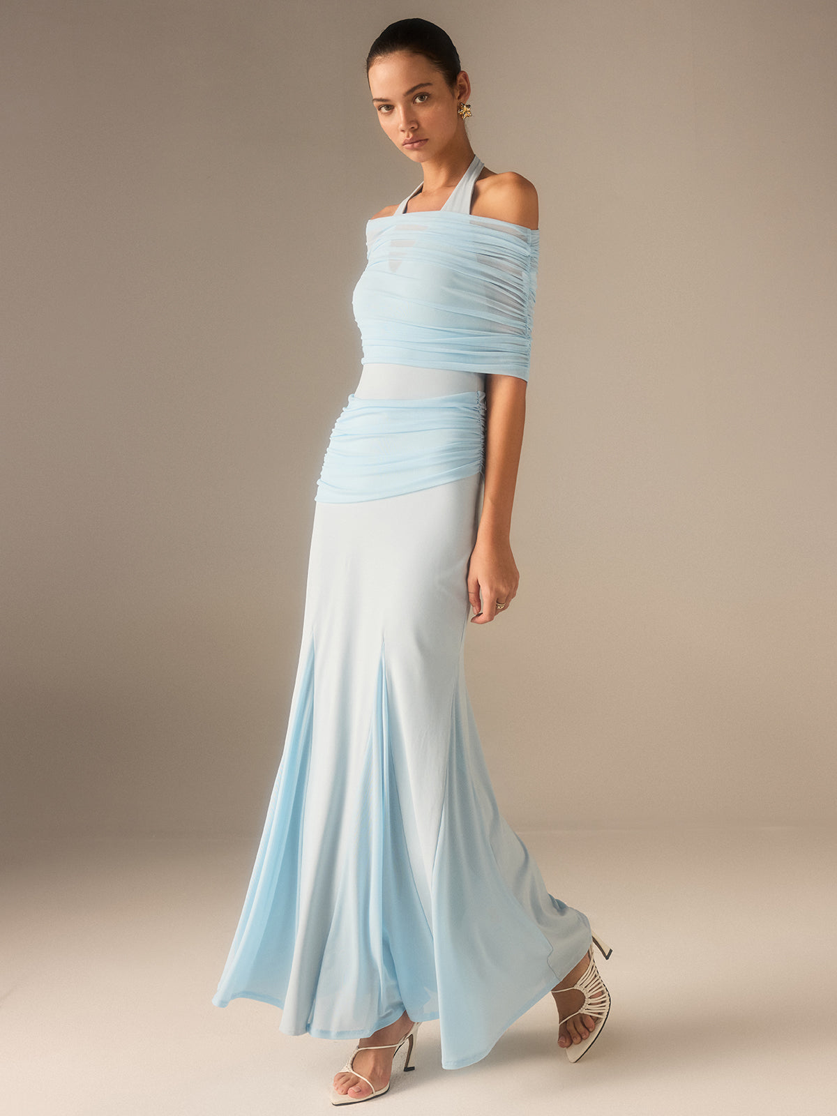 Semi-Sheer Elastic Mesh Ruched Maxi Dress