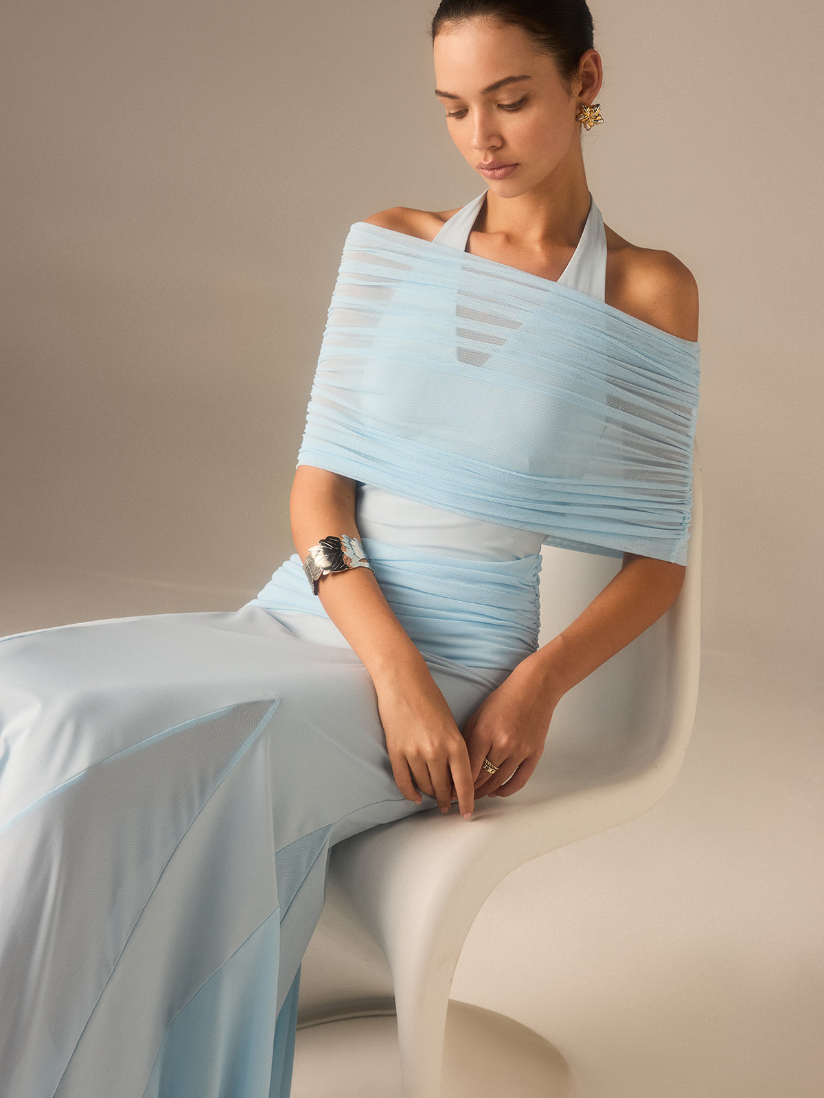 Semi-Sheer Elastic Mesh Ruched Maxi Dress