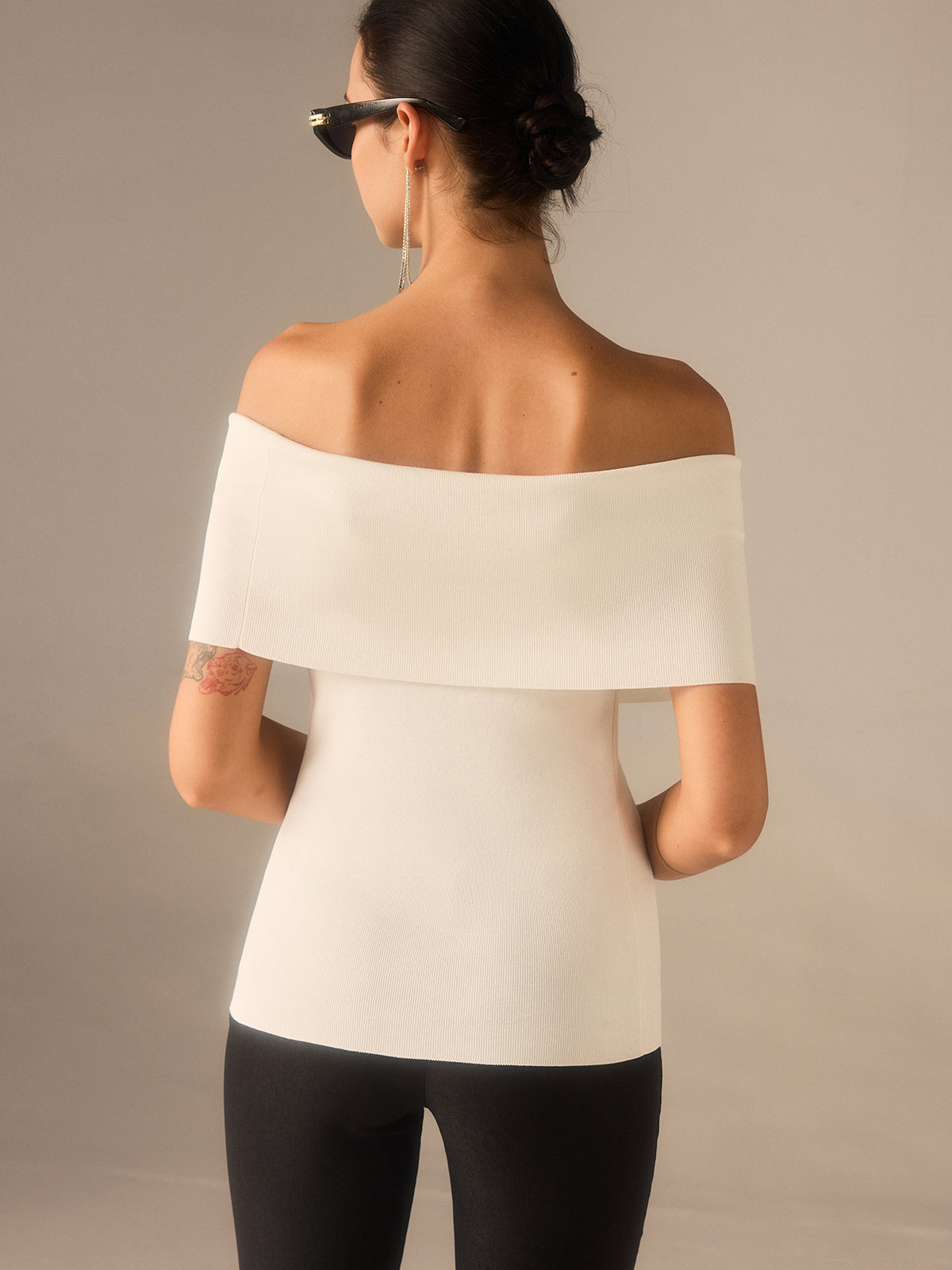 Off-Shoulder Knit Top with Crystal Embellishments