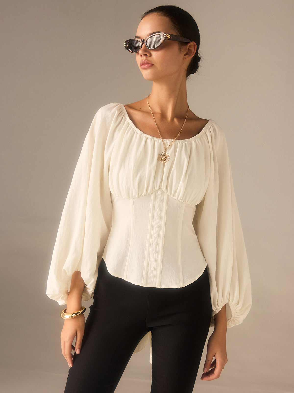 Off-Shoulder Lantern-Sleeve Top with Bow Back