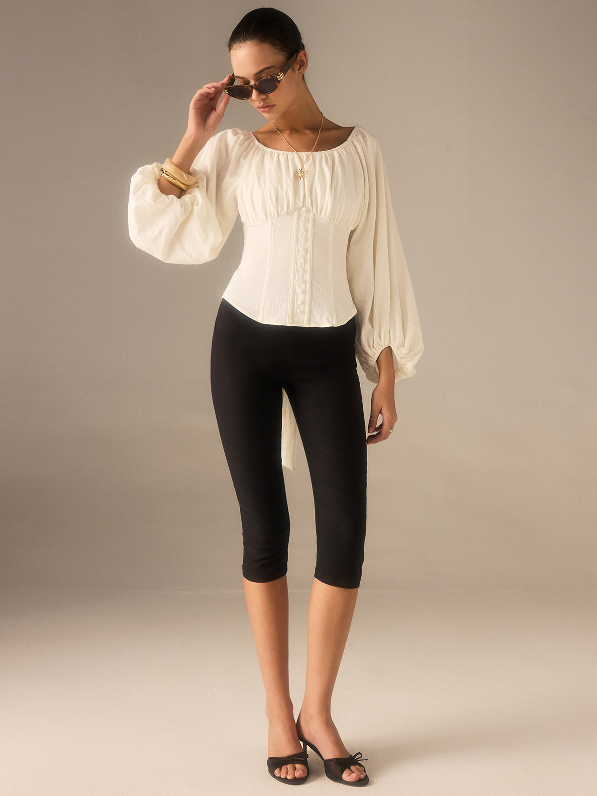Off-Shoulder Lantern-Sleeve Top with Bow Back