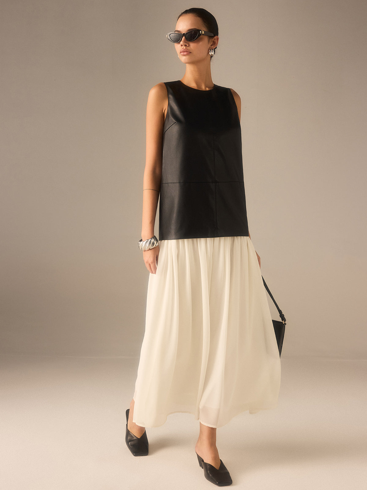 Two-Tone Faux Leather Chiffon Pleated Dress