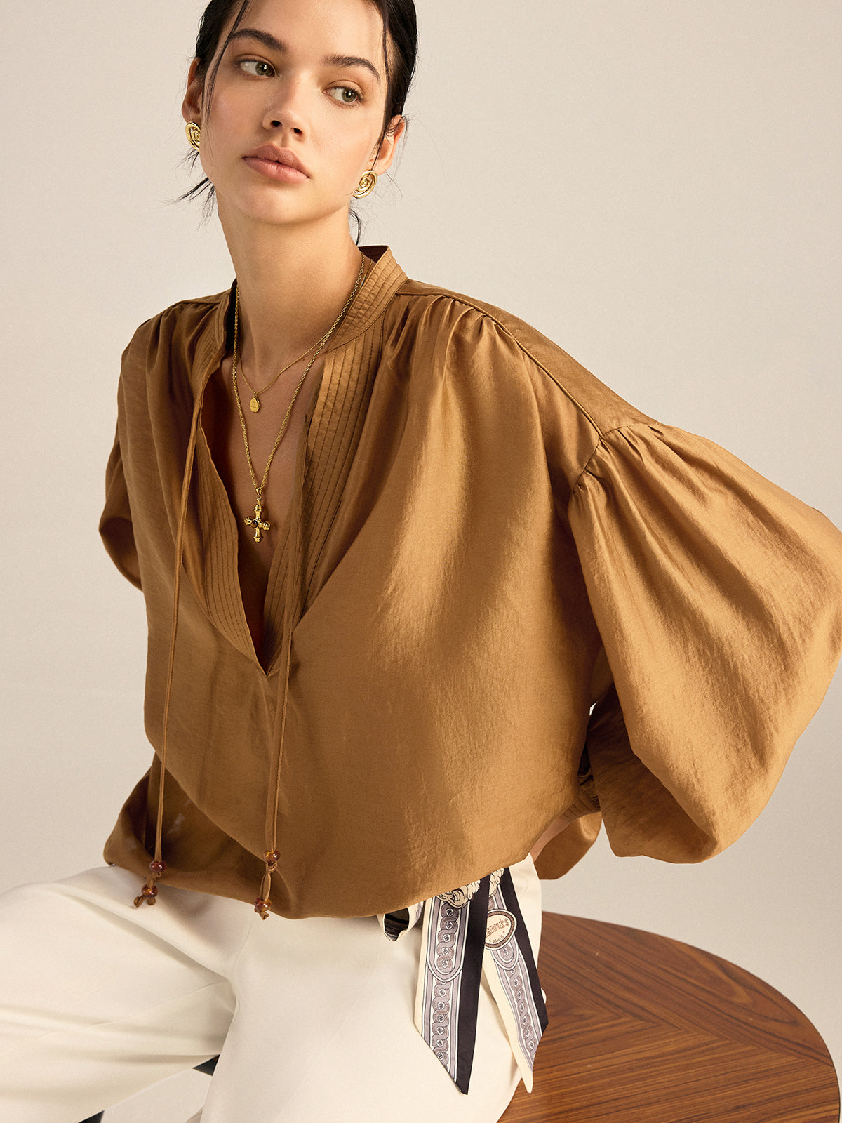 Oversized Tencel Tie Neck Blouse