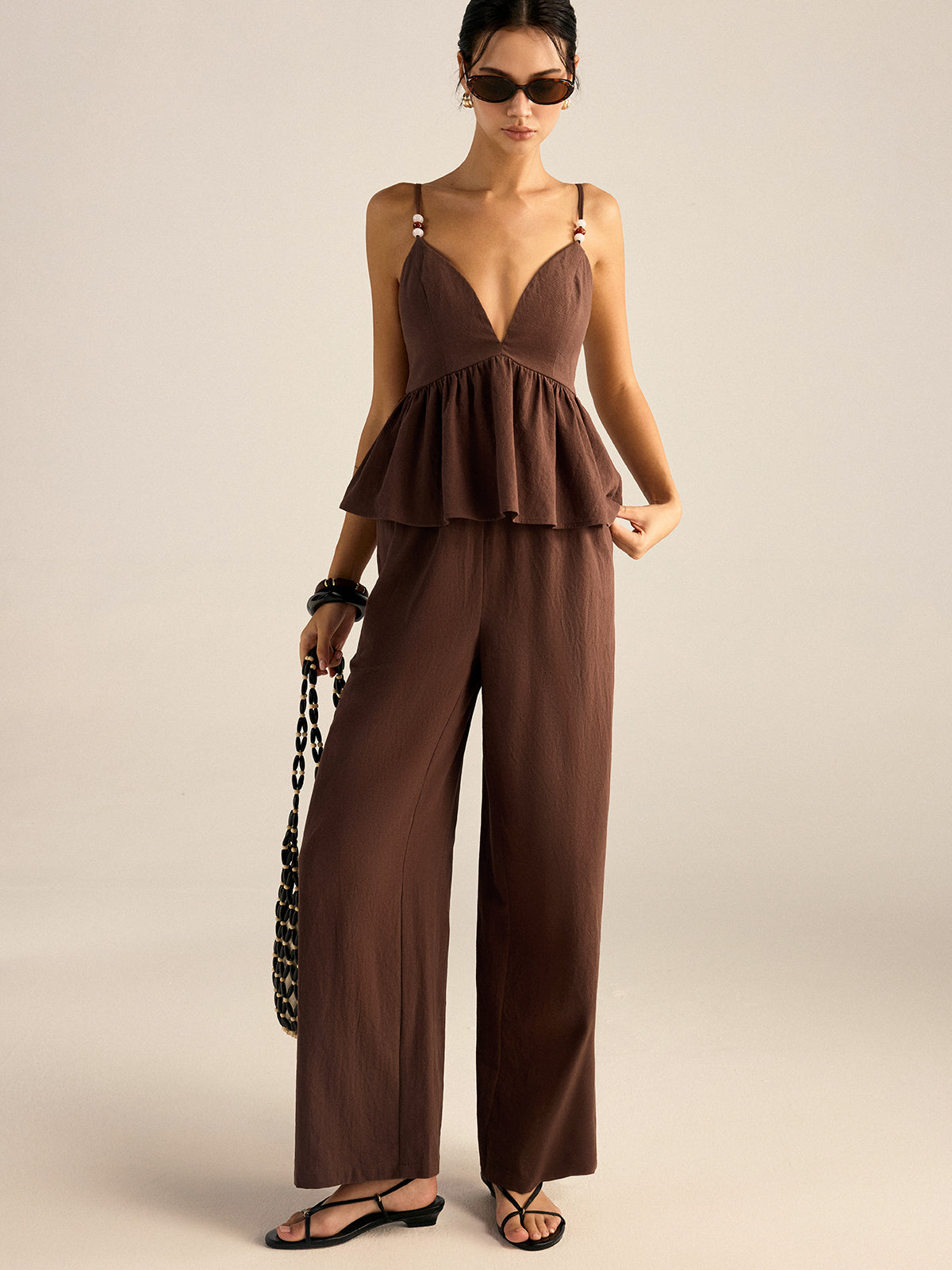 Ensemble pantalon et haut à basque en coton à bretelles perlées