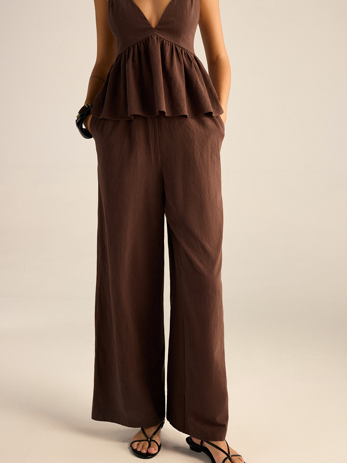 Baumwoll-Peplum-Oberteil mit Perlen und Hose-Set