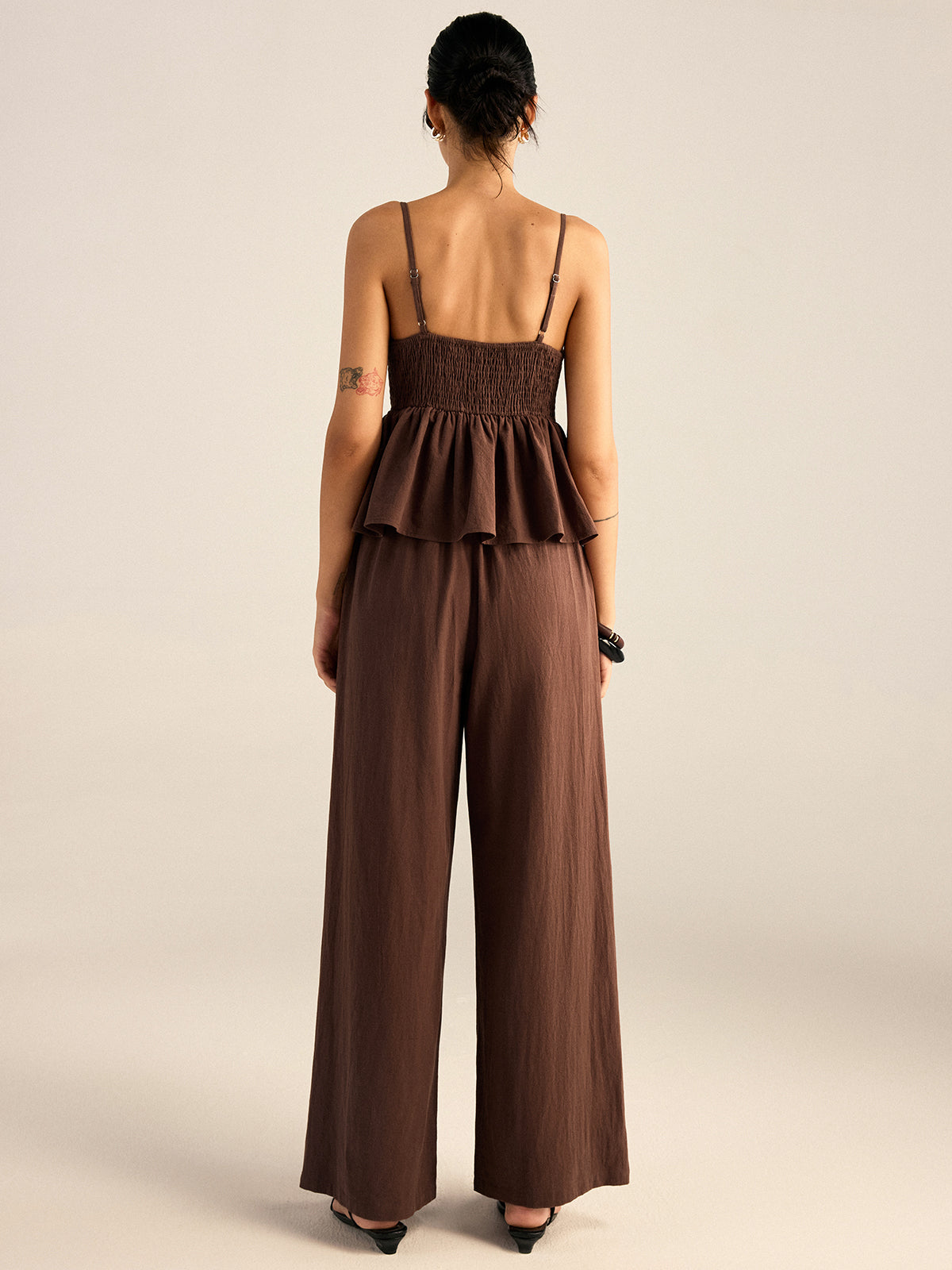 Ensemble pantalon et haut à basque en coton à bretelles perlées