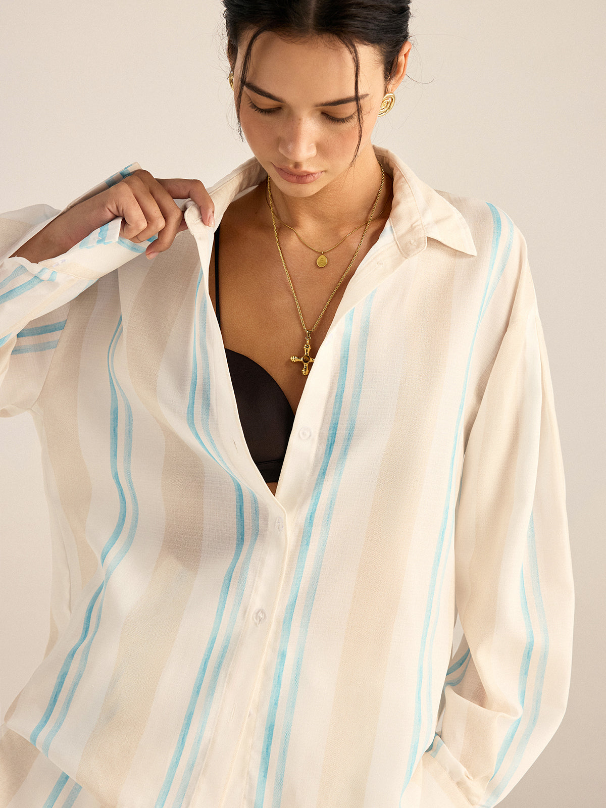 Color-Block Gestreiftes Oversized Hemd und Shorts Set