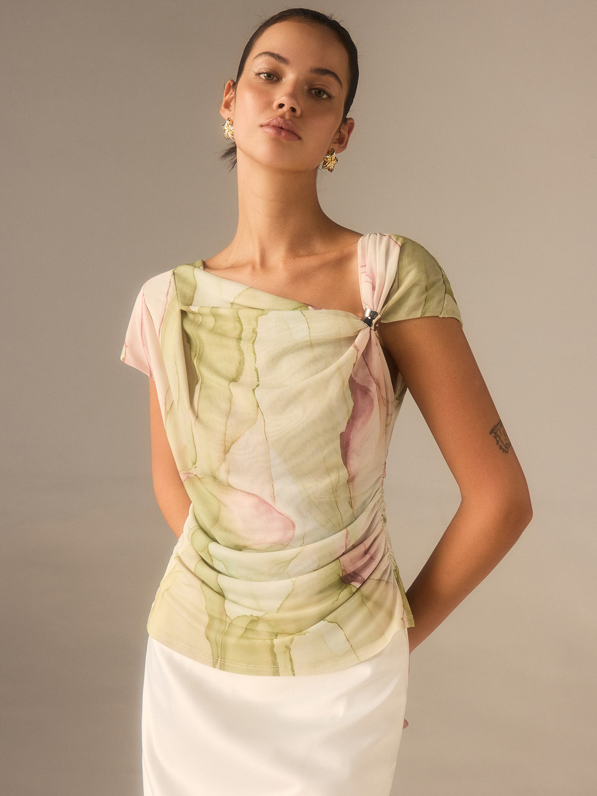 Print Asymmetric Neckline Top