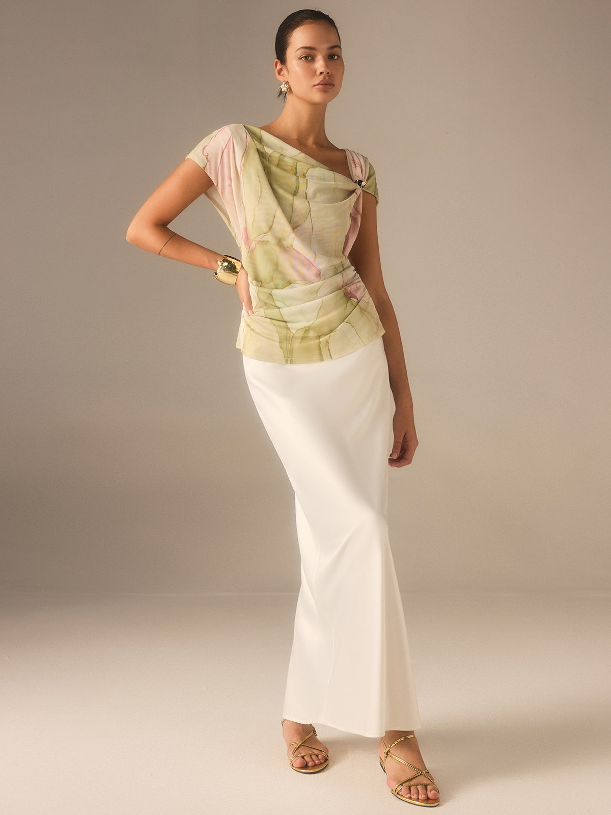 Print Asymmetric Neckline Top