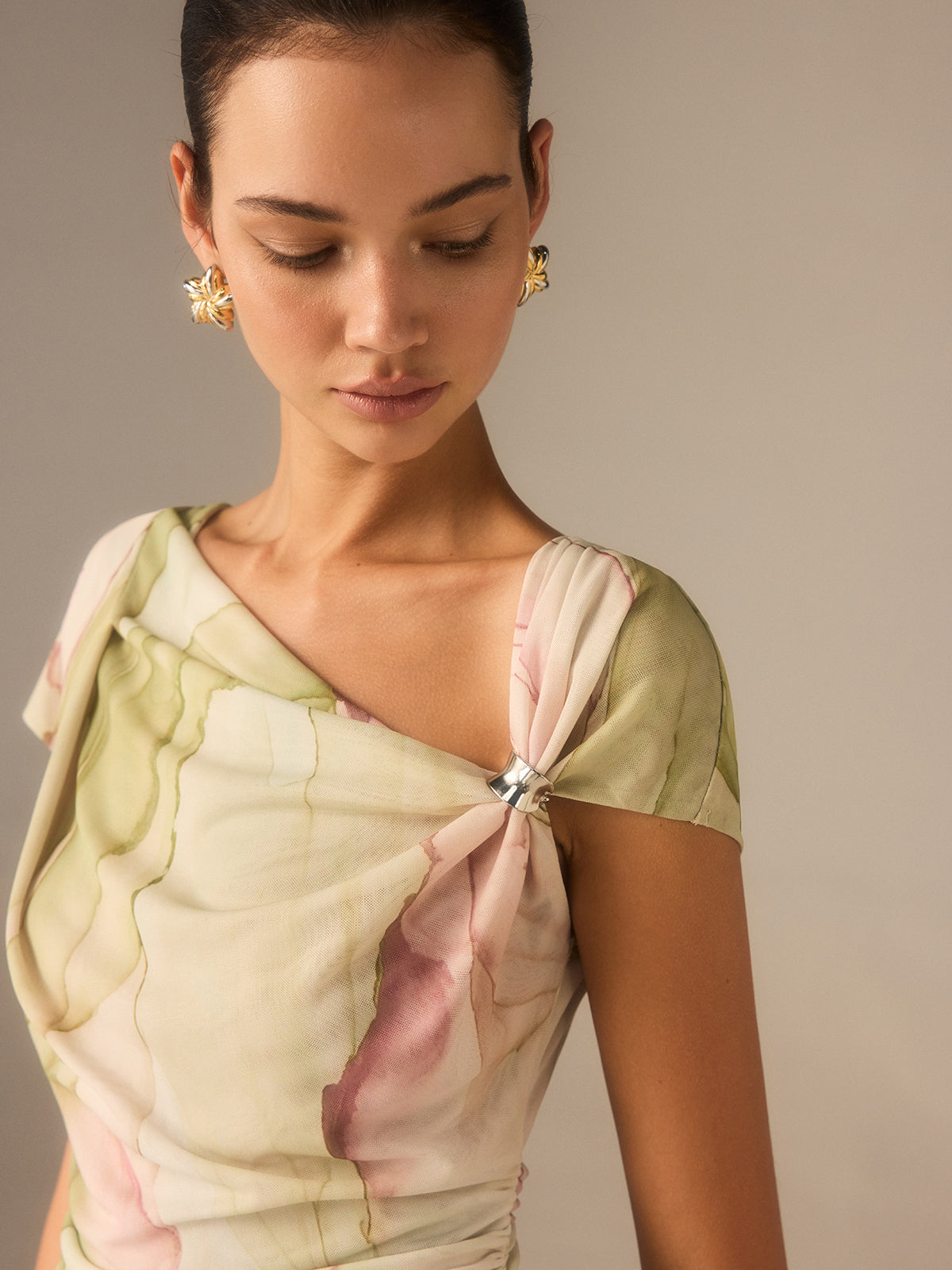 Print Asymmetric Neckline Top