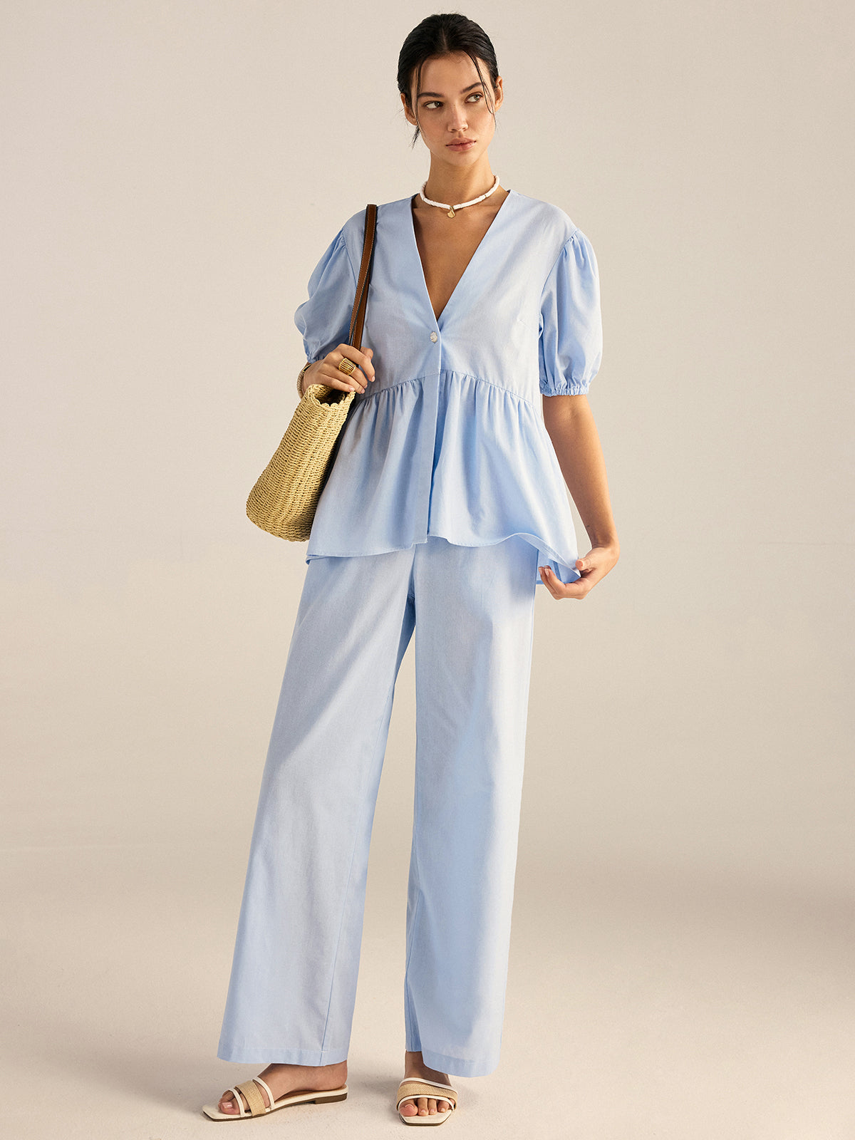 Ensemble haut péplum et pantalon en coton