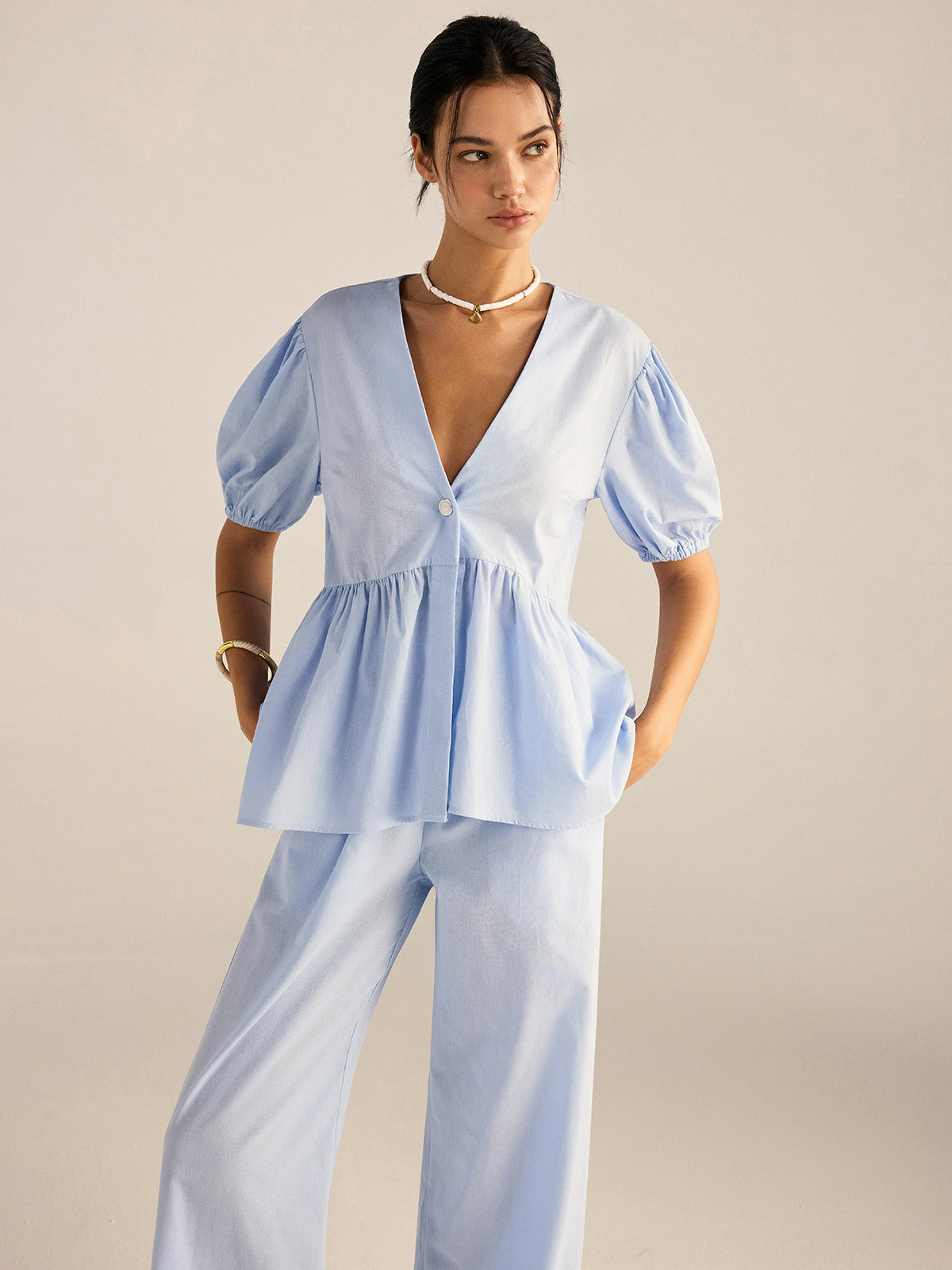 Ensemble haut péplum et pantalon en coton