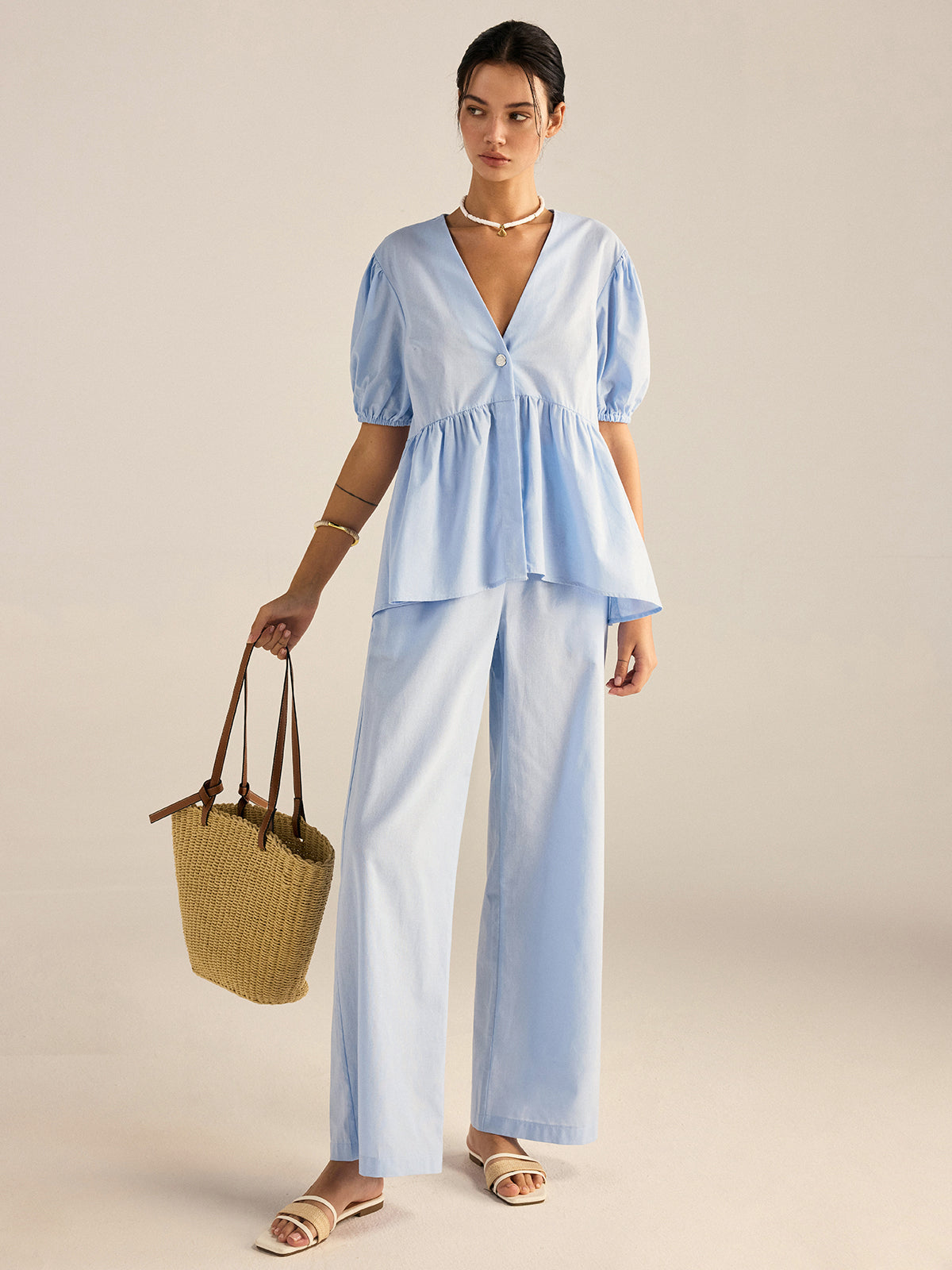 Ensemble haut péplum et pantalon en coton