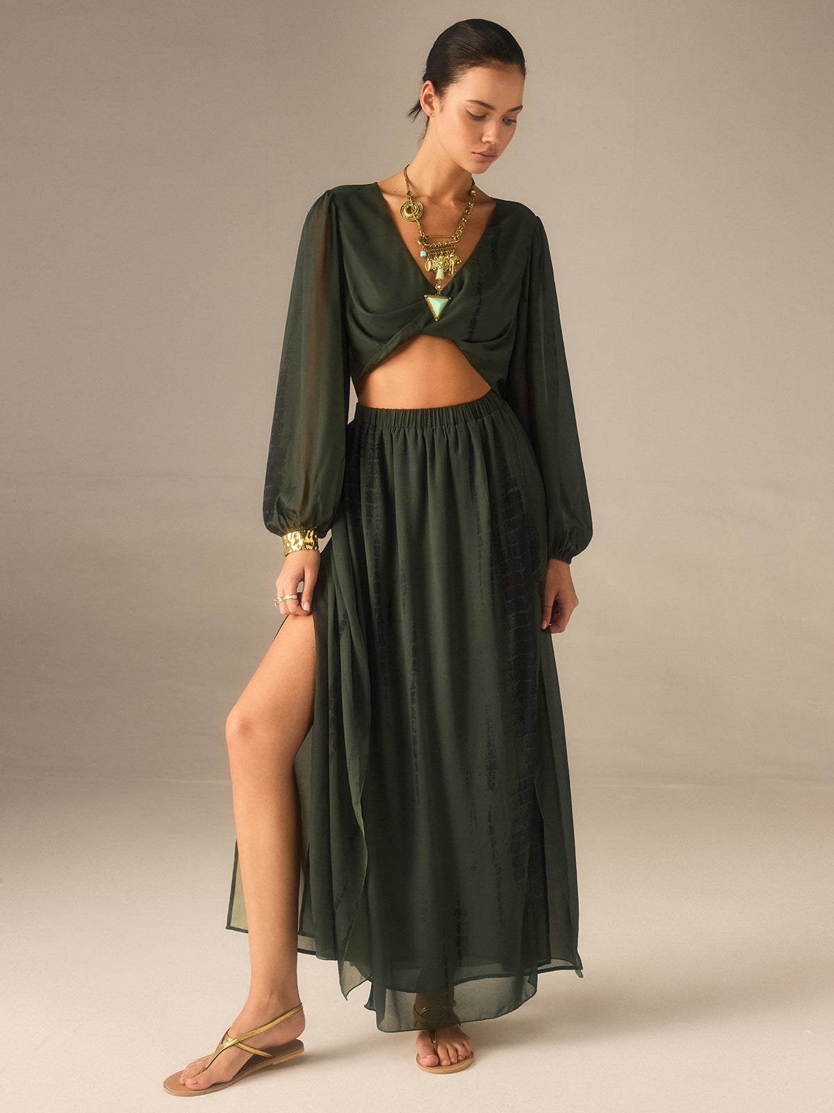Chiffon Crop Top und Maxirock-Set mit Schlitz
