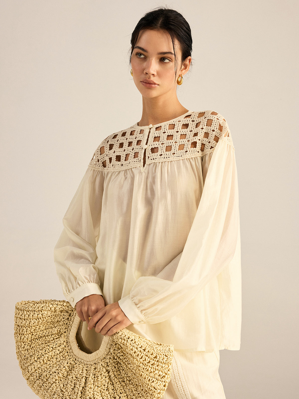 Semi-Sheer Crochet Tencel Blouse