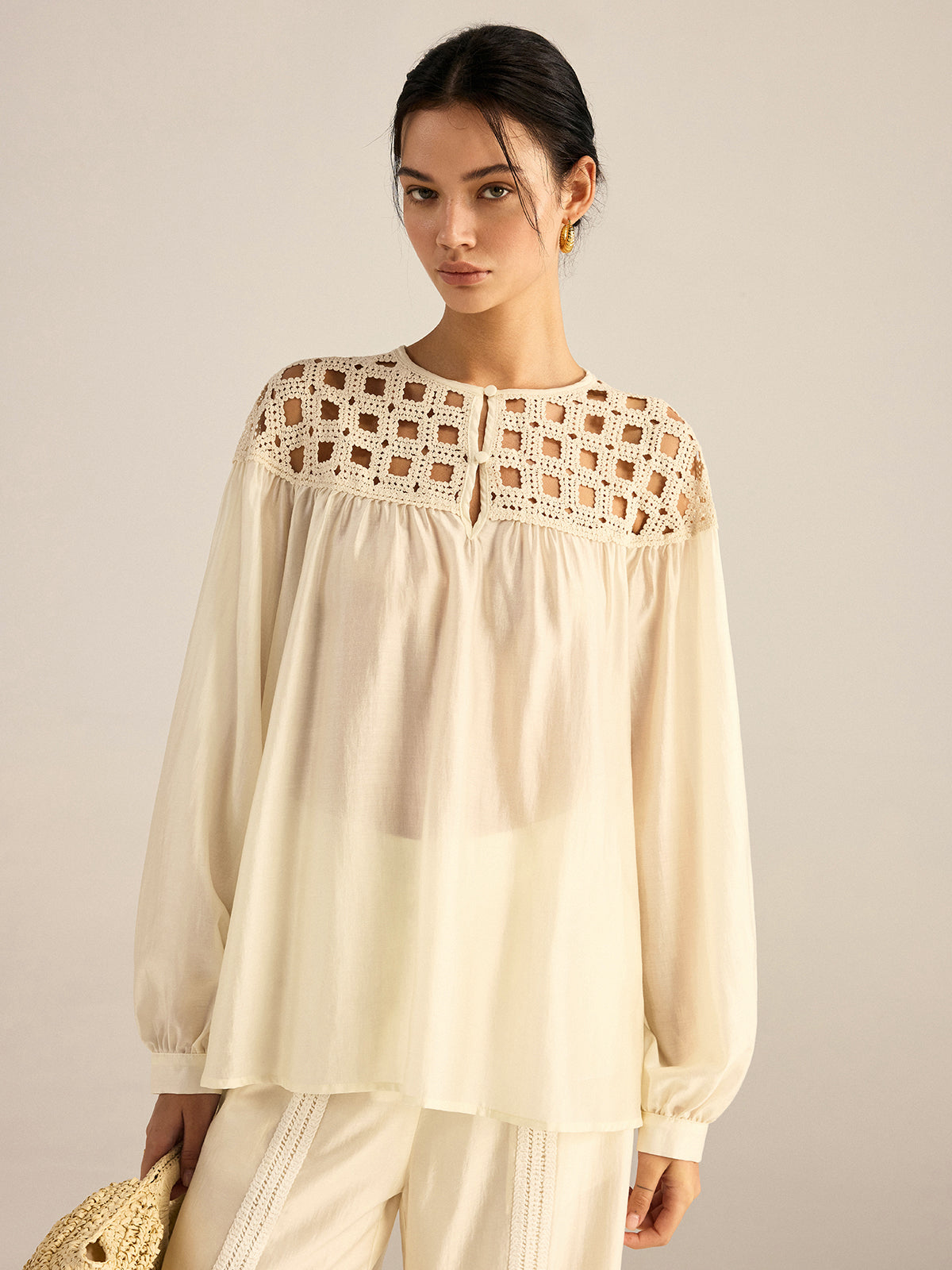 Chemisier semi-transparent en crochet Tencel