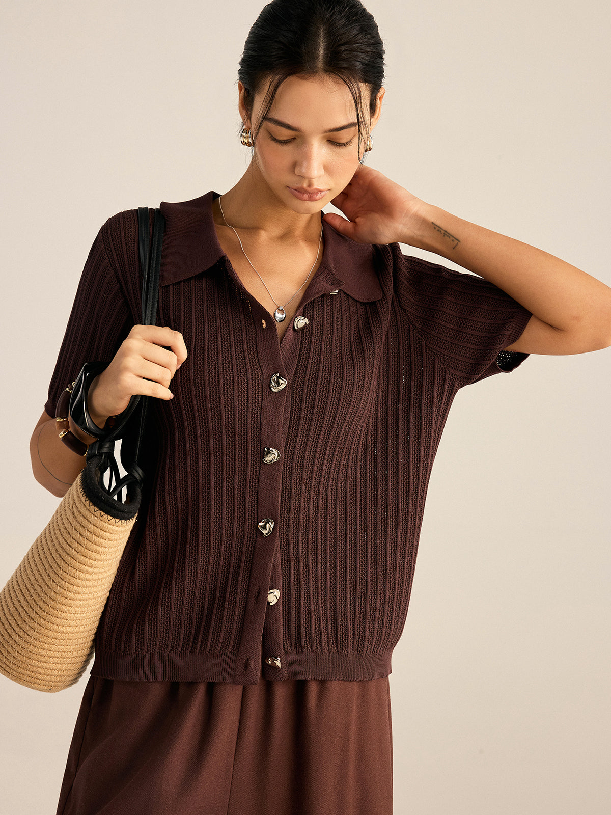 Cardigan en maille côtelée à col polo