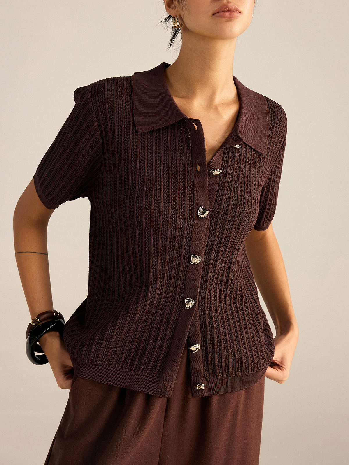 Cardigan en maille côtelée à col polo