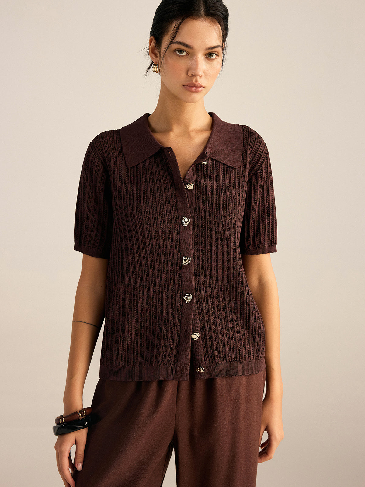 Cardigan en maille côtelée à col polo
