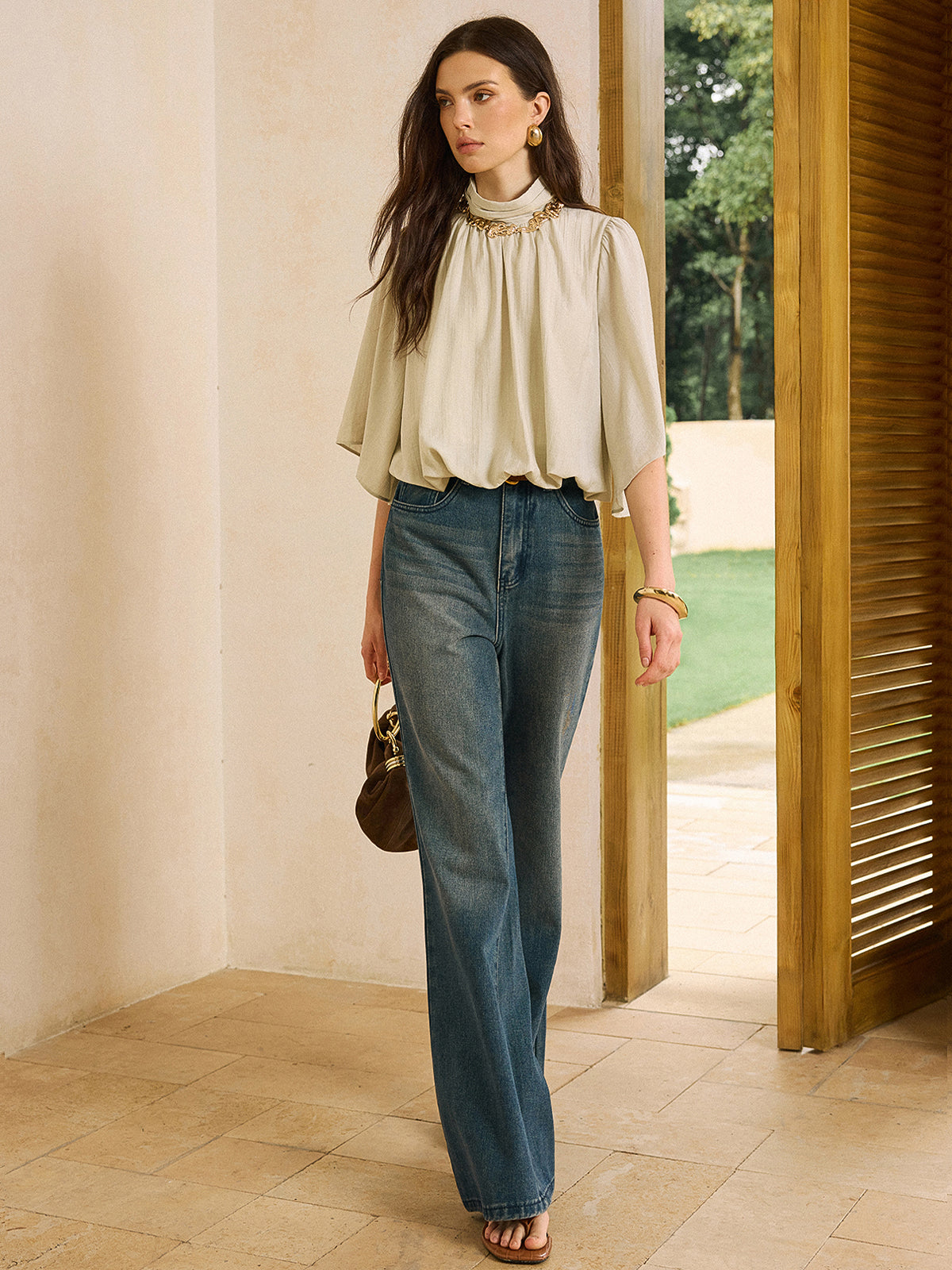 Elastic Hem Half-Sleeve Shirt