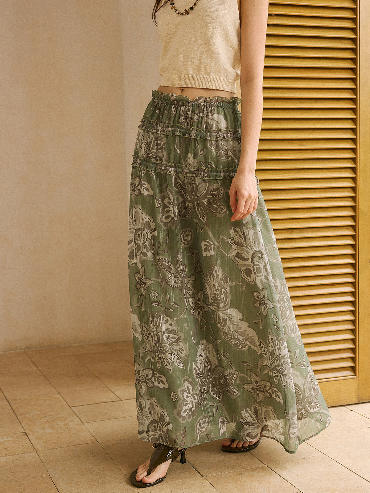 Boho Print Chiffon Maxi Skirt with Ruffle Details