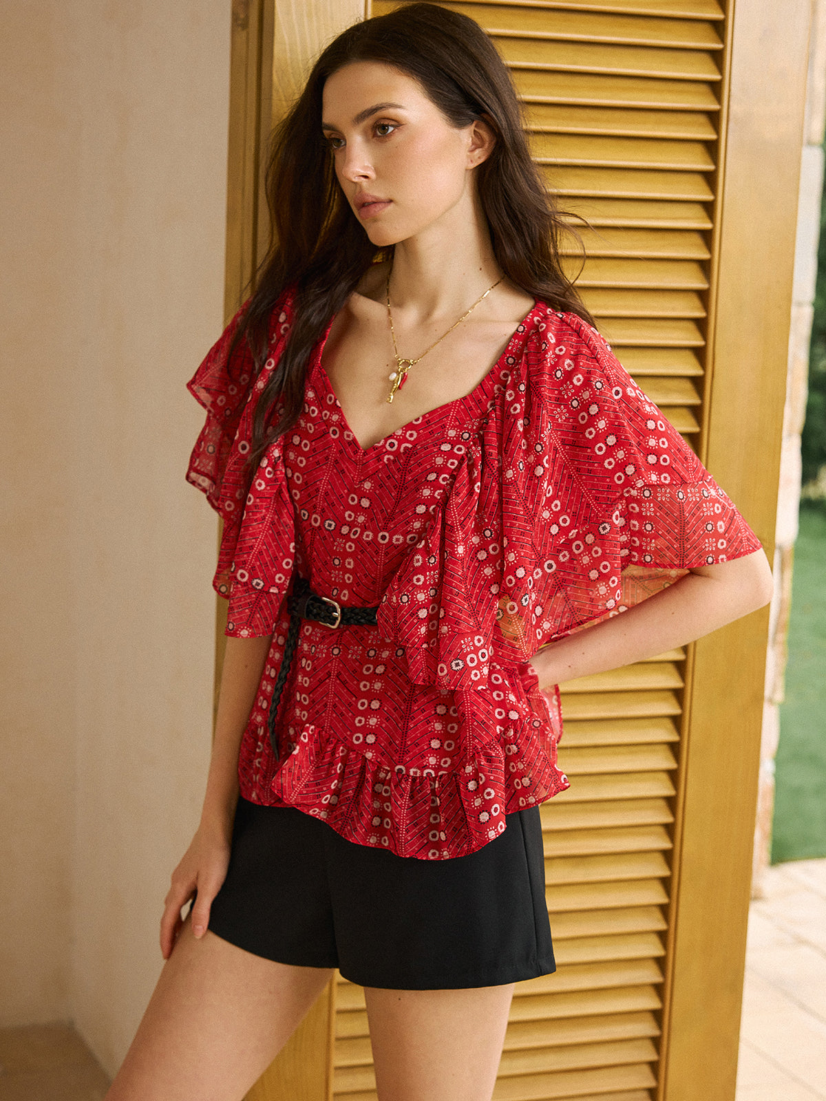 Printed Ruffled Peplum Top with Belt