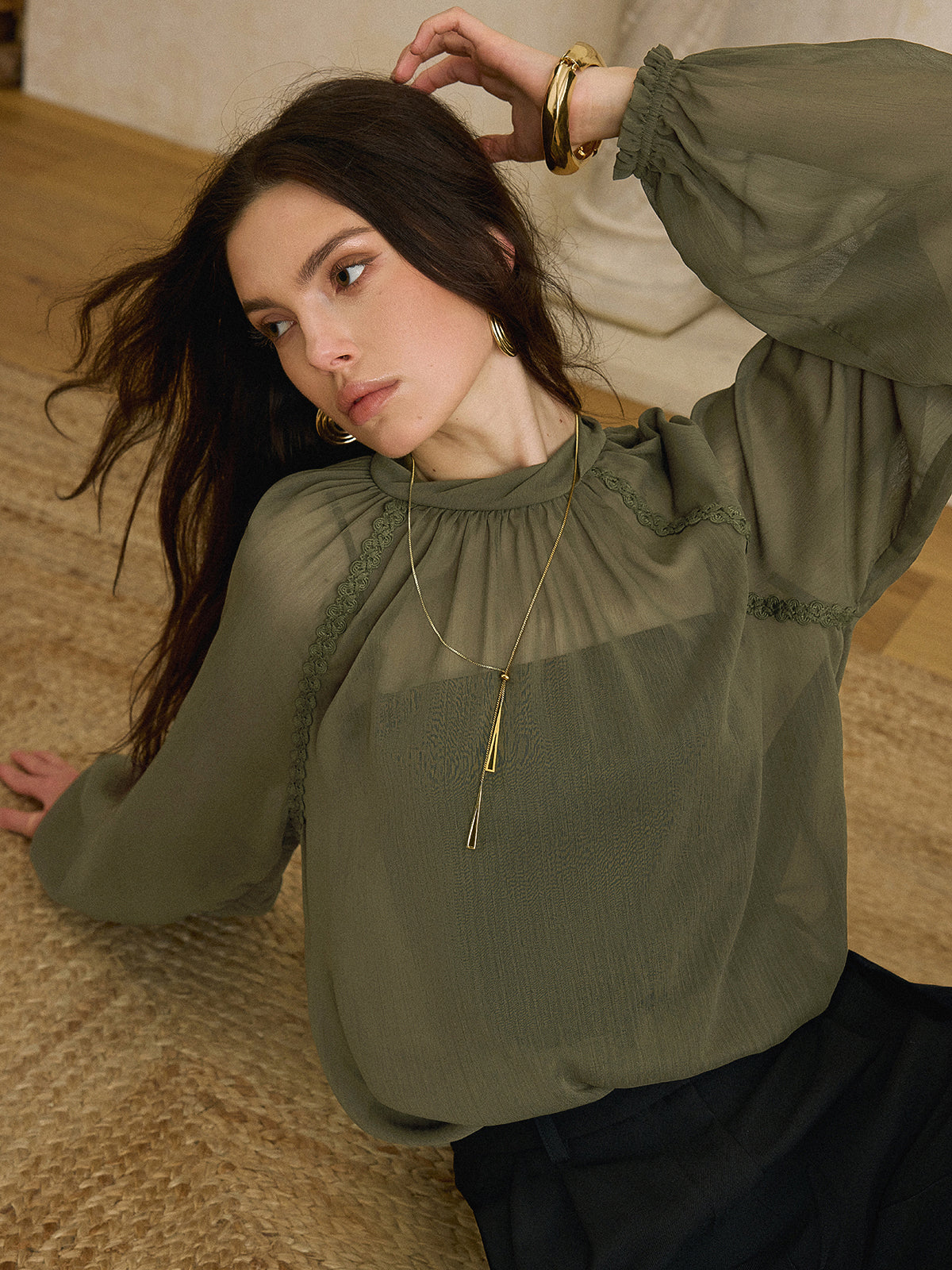 Semi-Sheer Chiffon Lace Trim Blouse