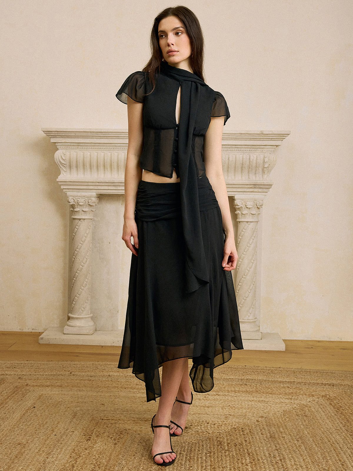 Schal-Ausschnitt Chiffon-Rock-Set