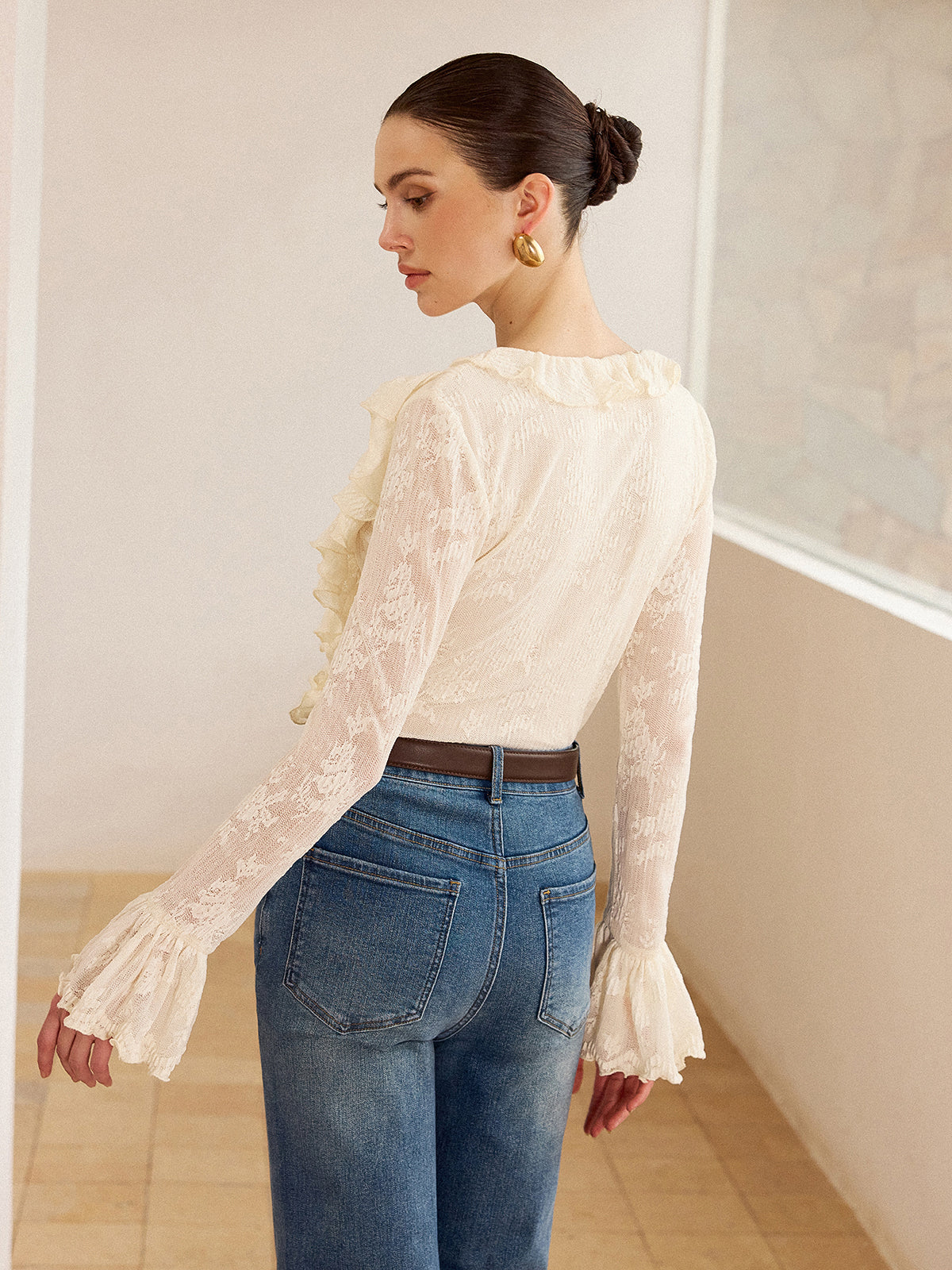 Semi-Sheer Lace Ruffle Trim V-Neck Blouse
