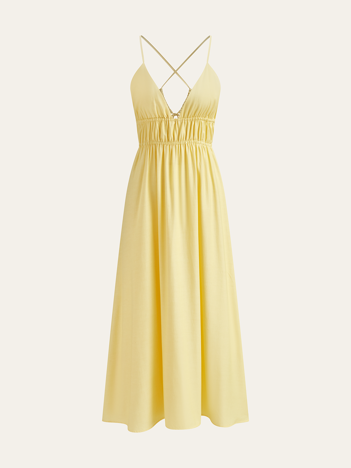 Robe longue à fines bretelles avec taille froncée et dos croisé