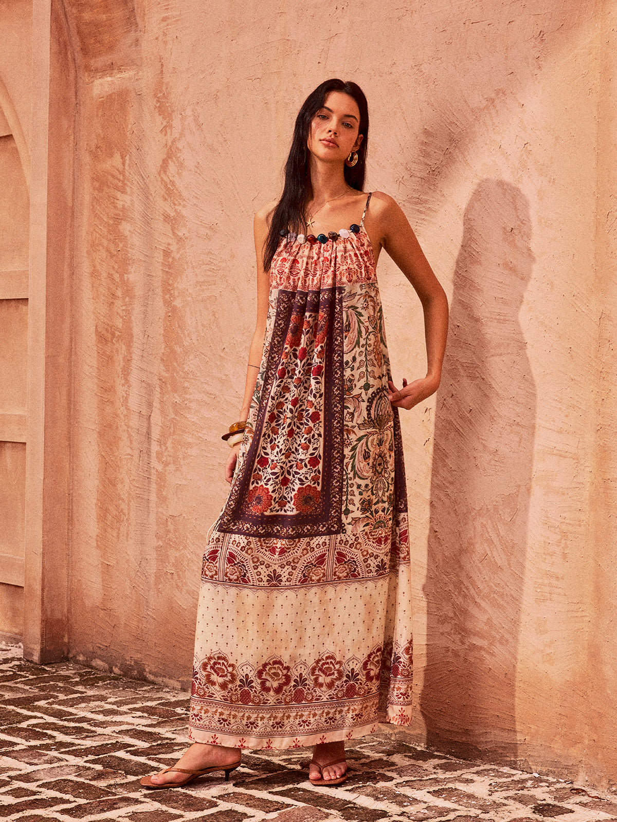 Robe longue perlée à imprimé cachemire