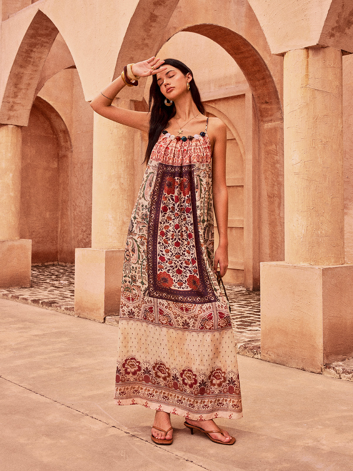Robe longue perlée à imprimé cachemire