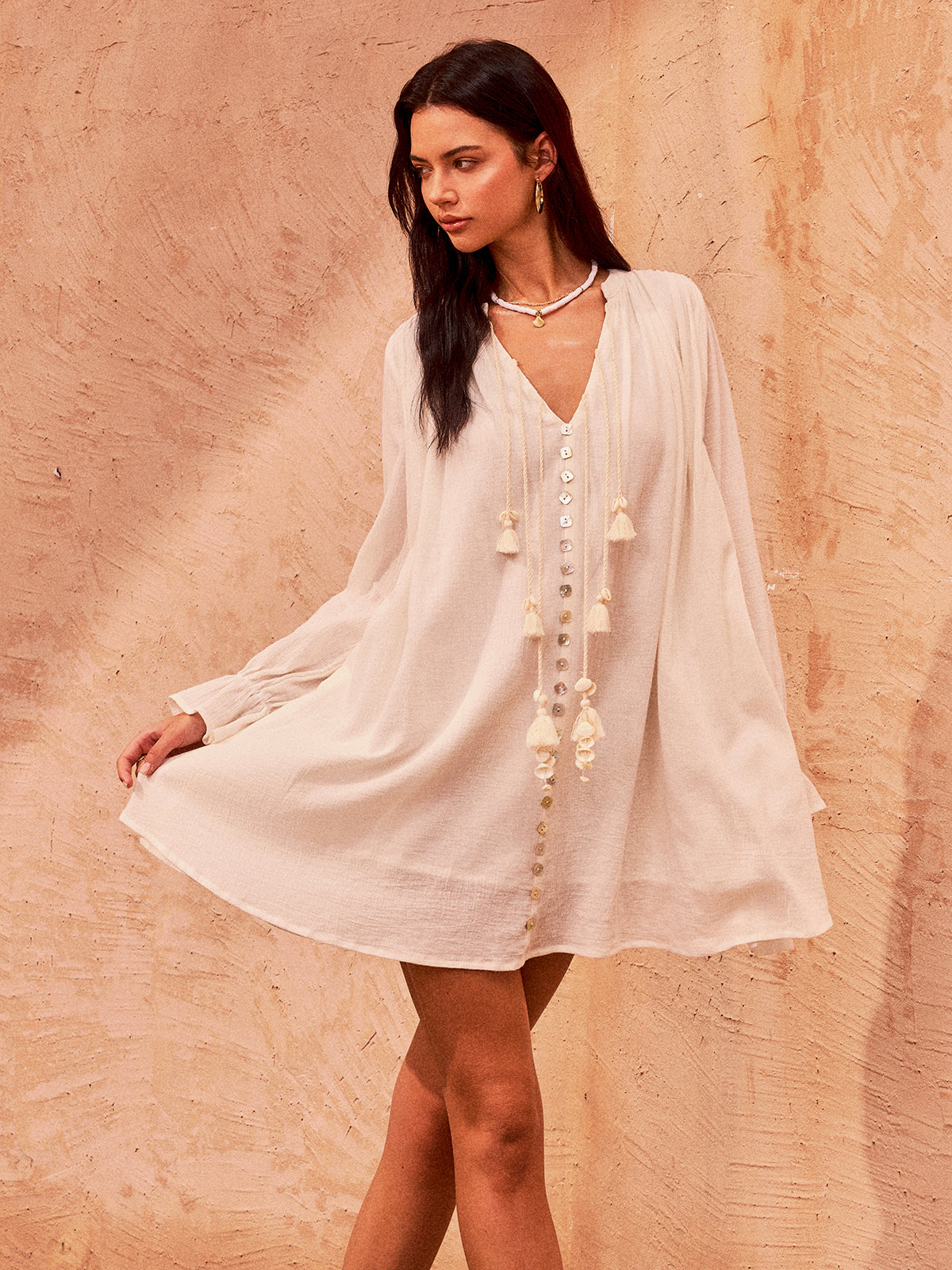 Tasseled Button Cotton Mini Dress