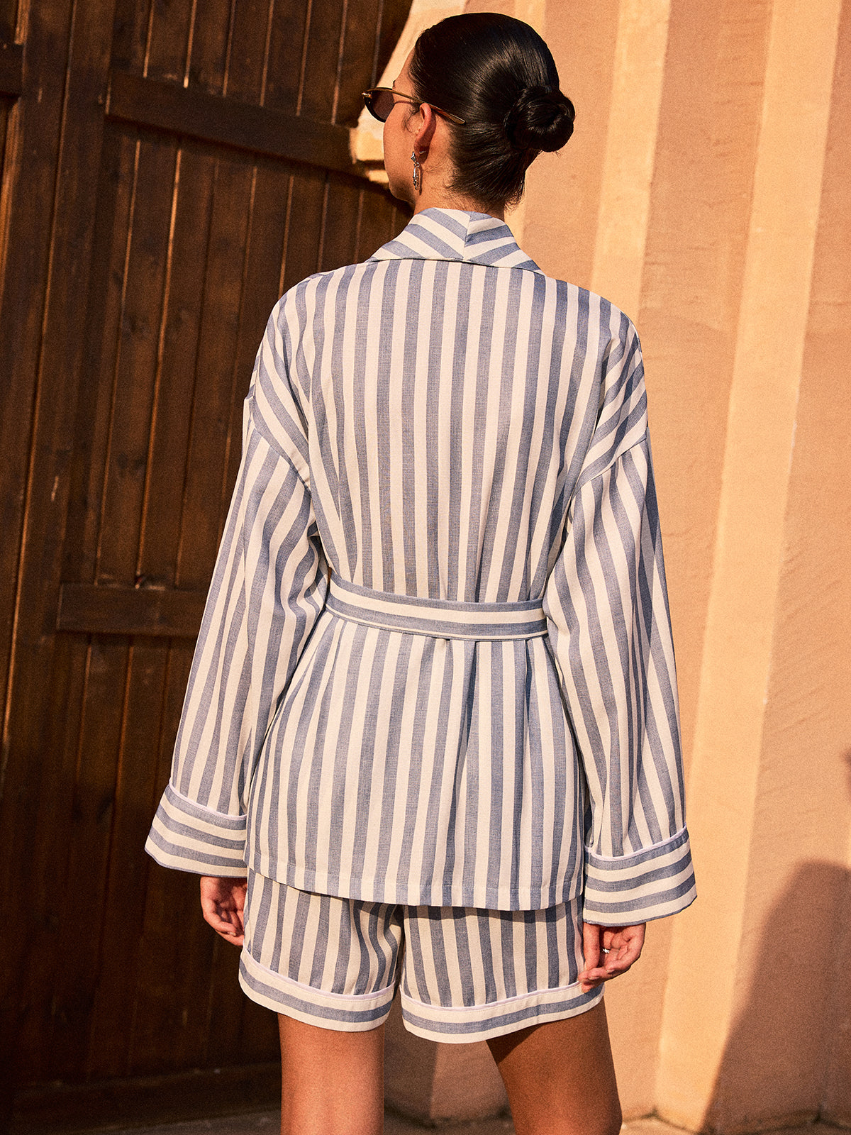Striped Belted Shirt and Shorts Set